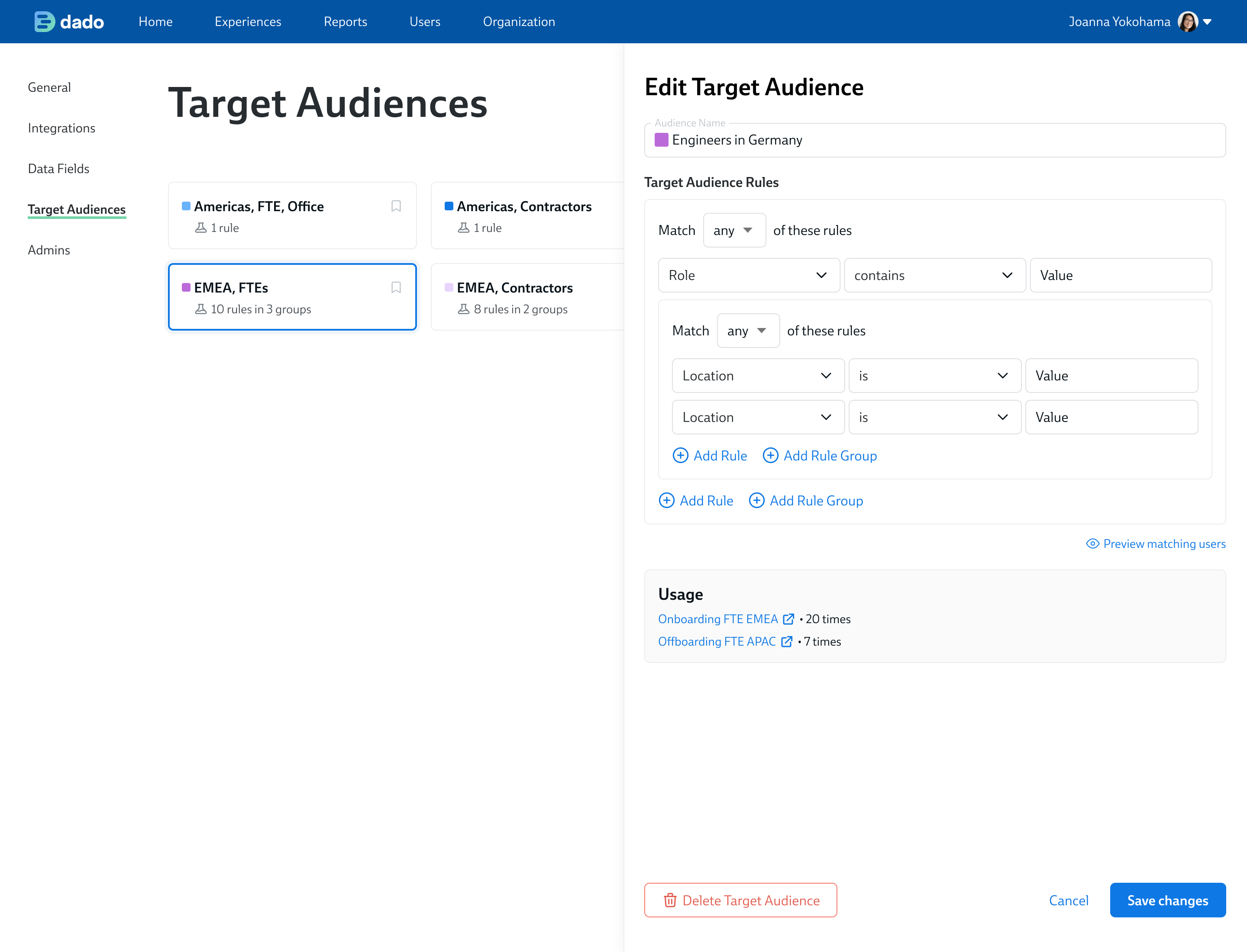 Dado Admin App: Selecting Target Audiences