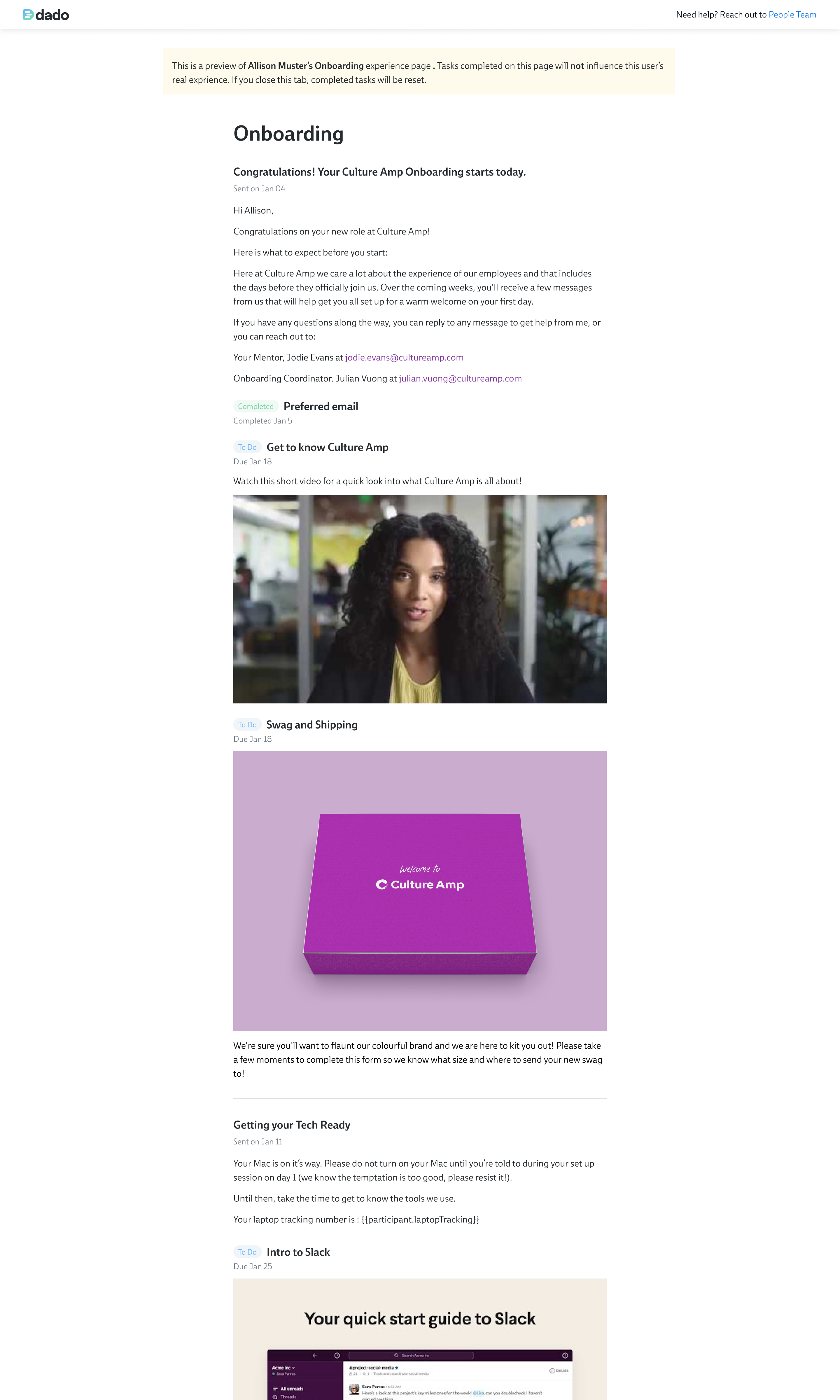 An employee's onboarding page in Dado