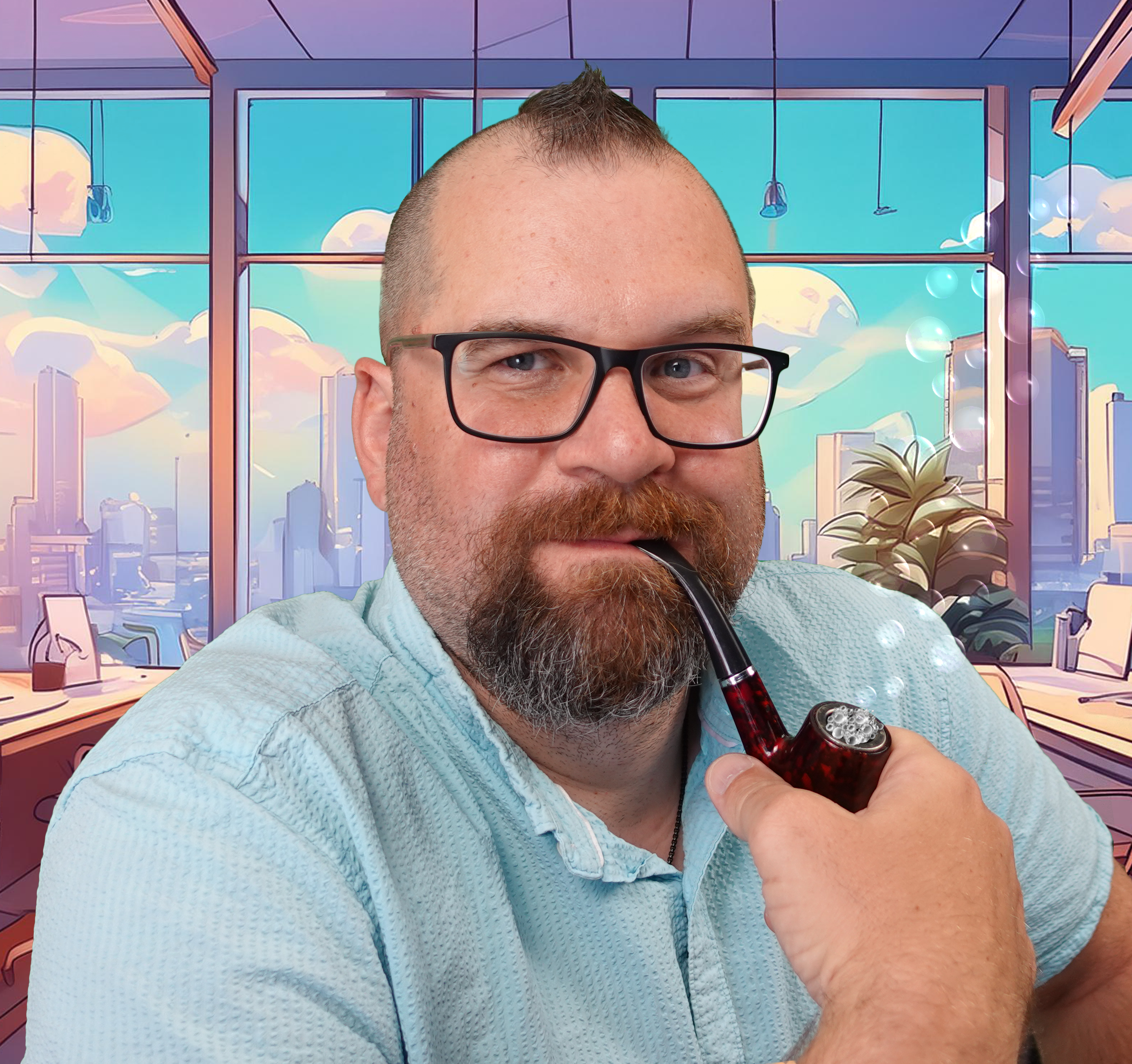 Chris Kranz holding a pipe smiling at the camera