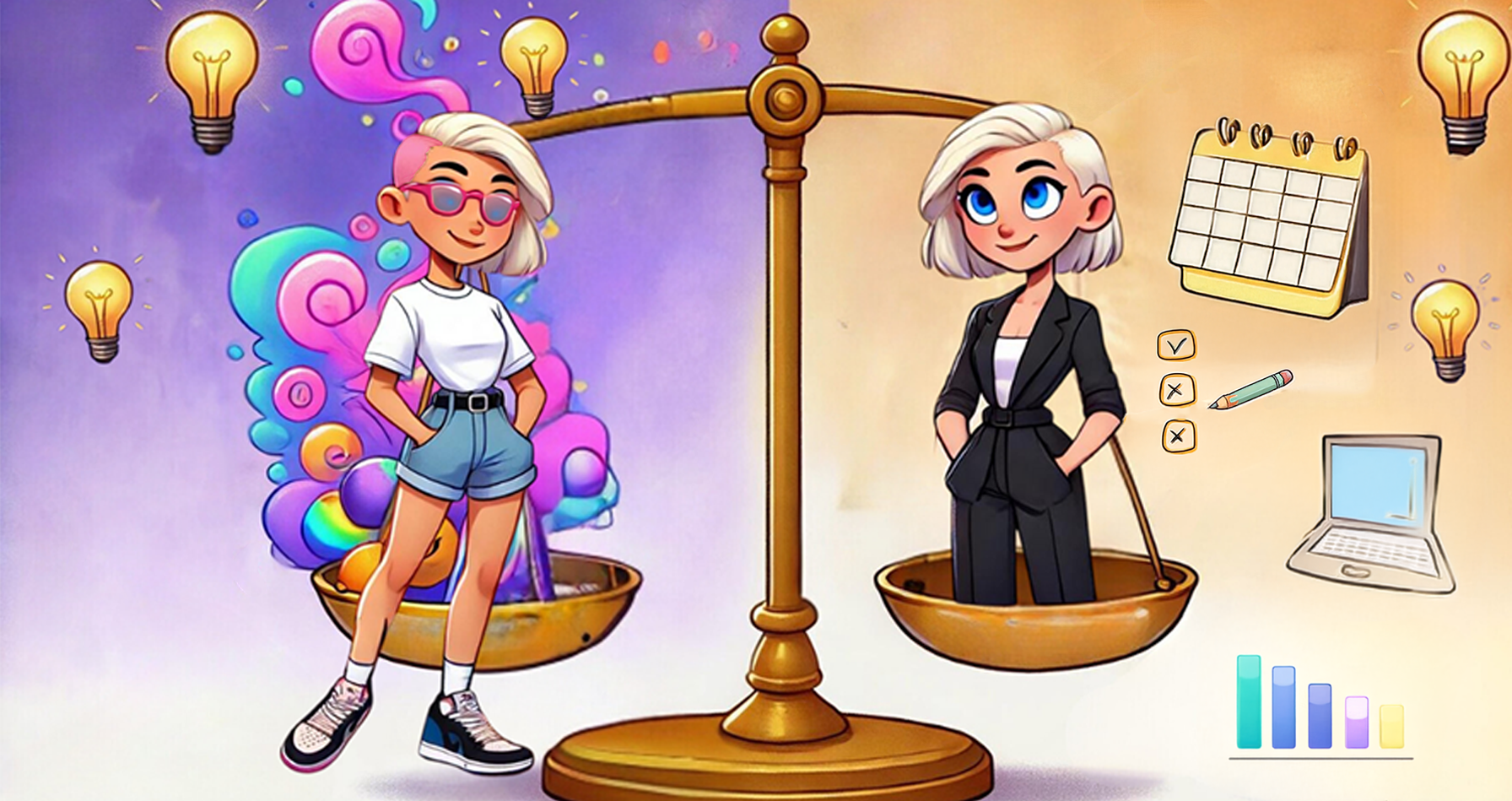 A cartoon depiction of people on scales - the imaginator and the executionist balancing out the ideas and getting things done.