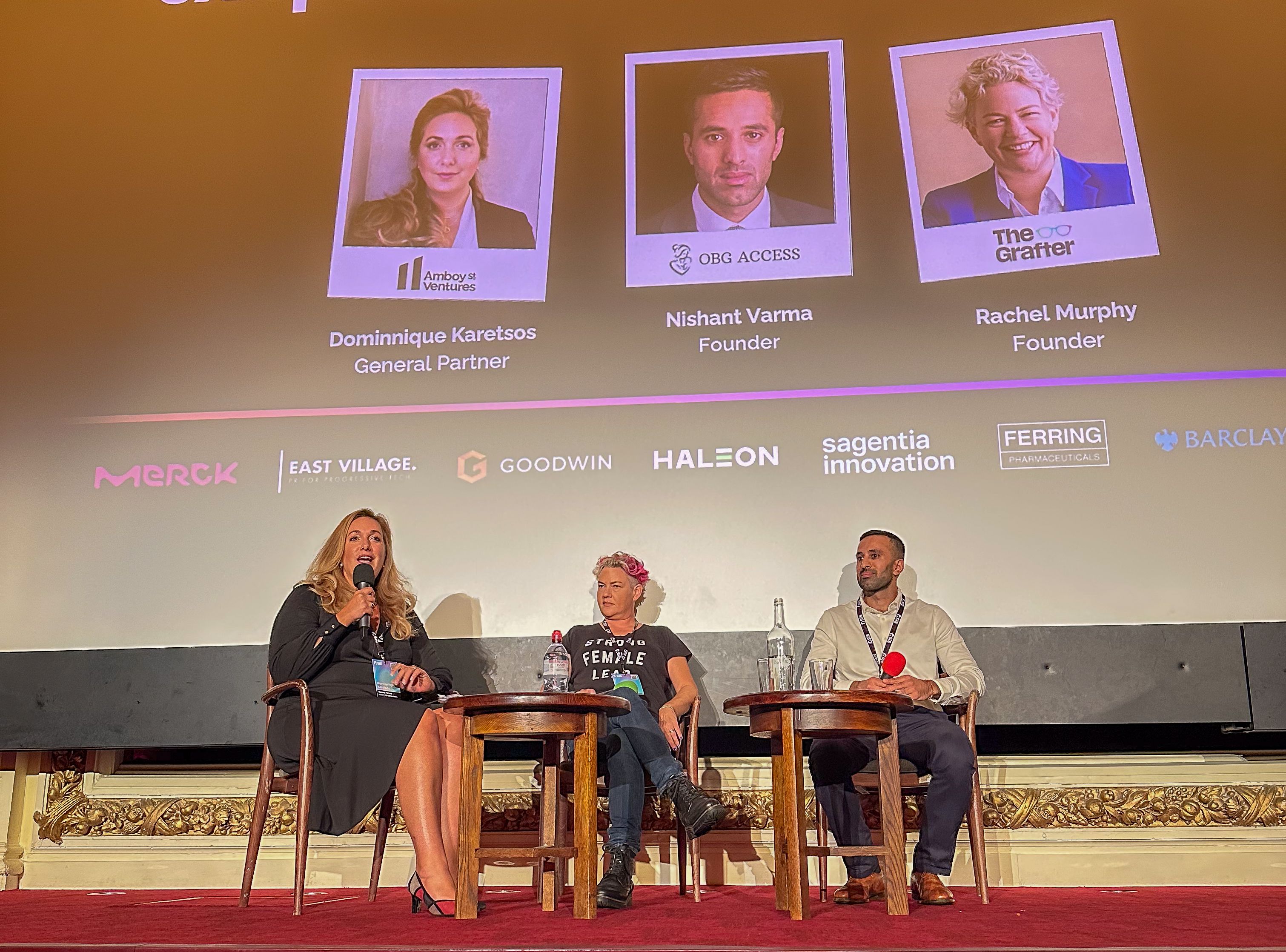 Dominnique Karetsos, Rachel Murphy, and Nishant Varma sitting on stage at the Electric Cinema, London for SiS Women's Health 2024.