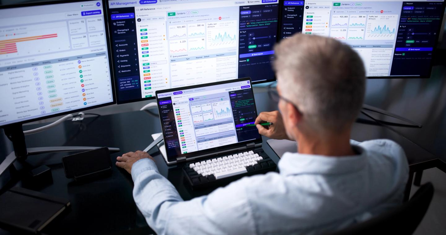 person handling business processes via custom software