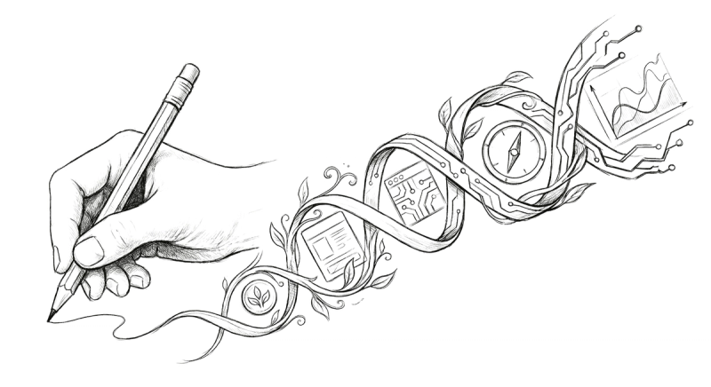 A hand drawing a double helix intertwined with design and technology symbols — leaves, circuit boards, a compass, and data charts — representing the fusion of design vocabulary and code literacy as a superpower