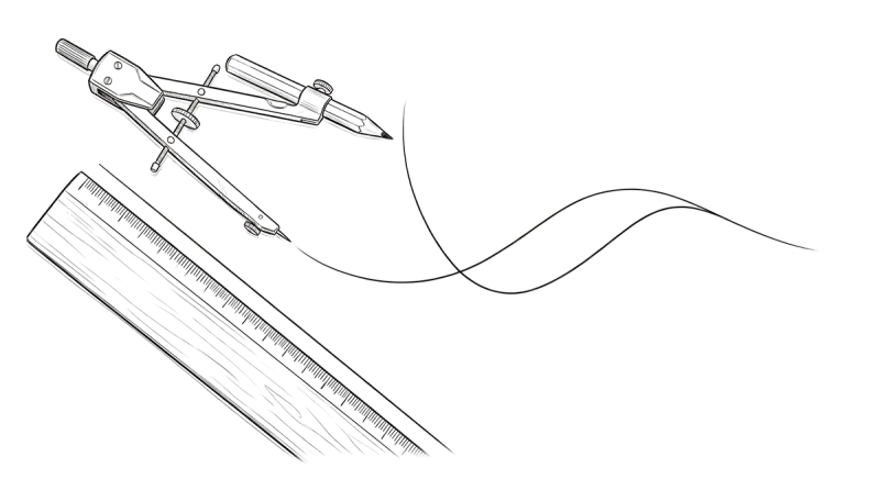 A drawing compass tracing a flowing freehand curve beside a ruler, illustrating the shift from rigid structured workflows to fluid, precise creative execution