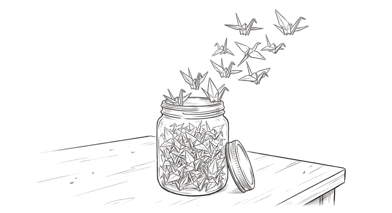 An open glass jar on a wooden table overflowing with origami cranes, several taking flight into the air, symbolizing years of shelved creative ideas finally being released