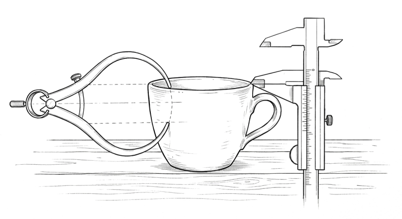 A handcrafted ceramic cup measured by calipers on one side and a proportional divider on the other, representing the dual evaluation of craft through both design sensibility and technical precision