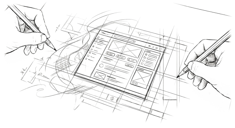 Two hands sketching a wireframe layout together on a tablet, one with a pen and one with a pencil, representing the collaborative conversation between designer   and     AI