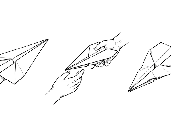 Three paper airplanes in ink sketch style — one in flight, one gripped mid-launch by a hand, and one crumpled after landing — representing the design handoff process and its inevitable loss of fidelity