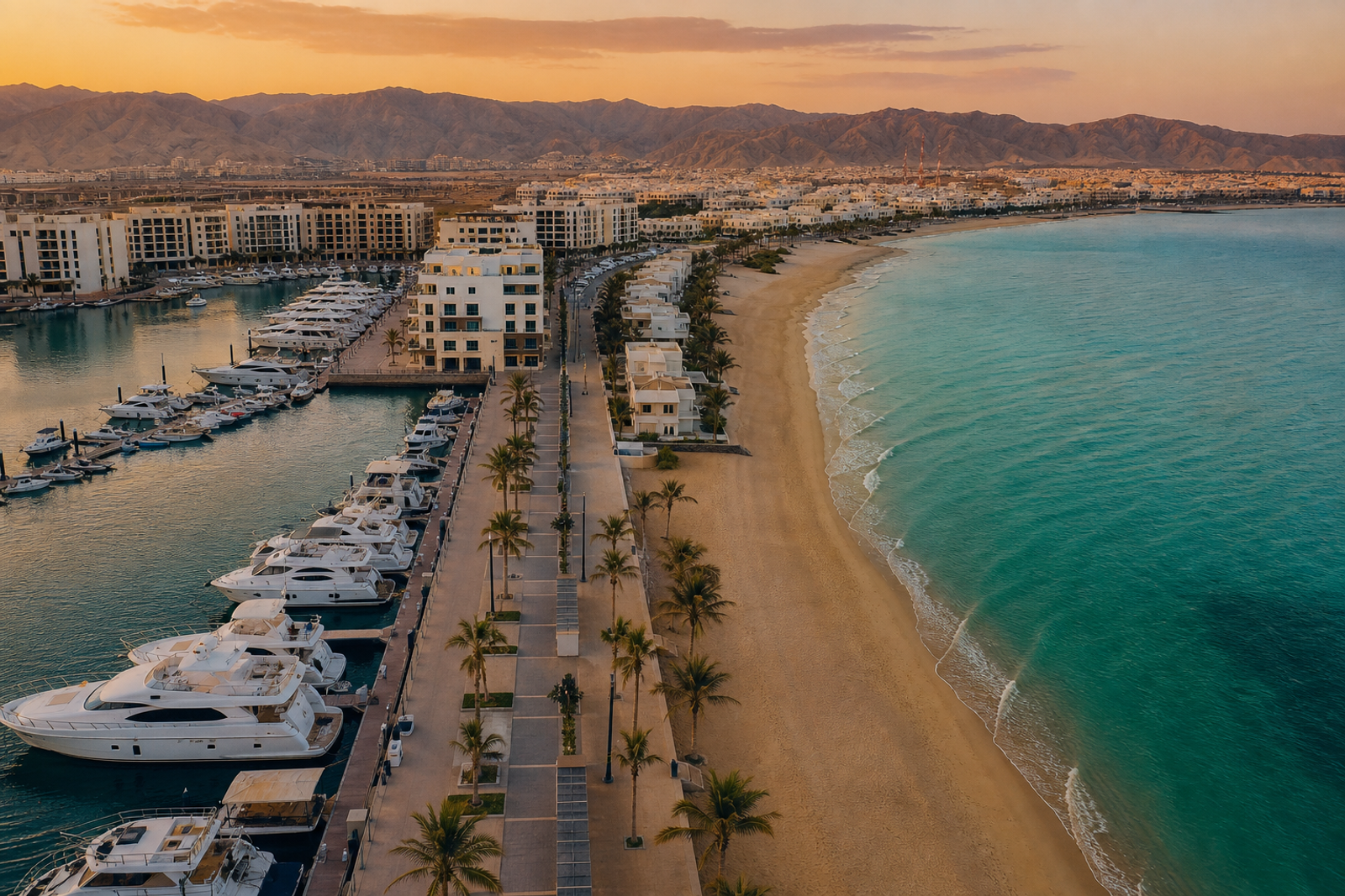Al Mouj marina yachts beside beachfront residences in Marsa and Shatti