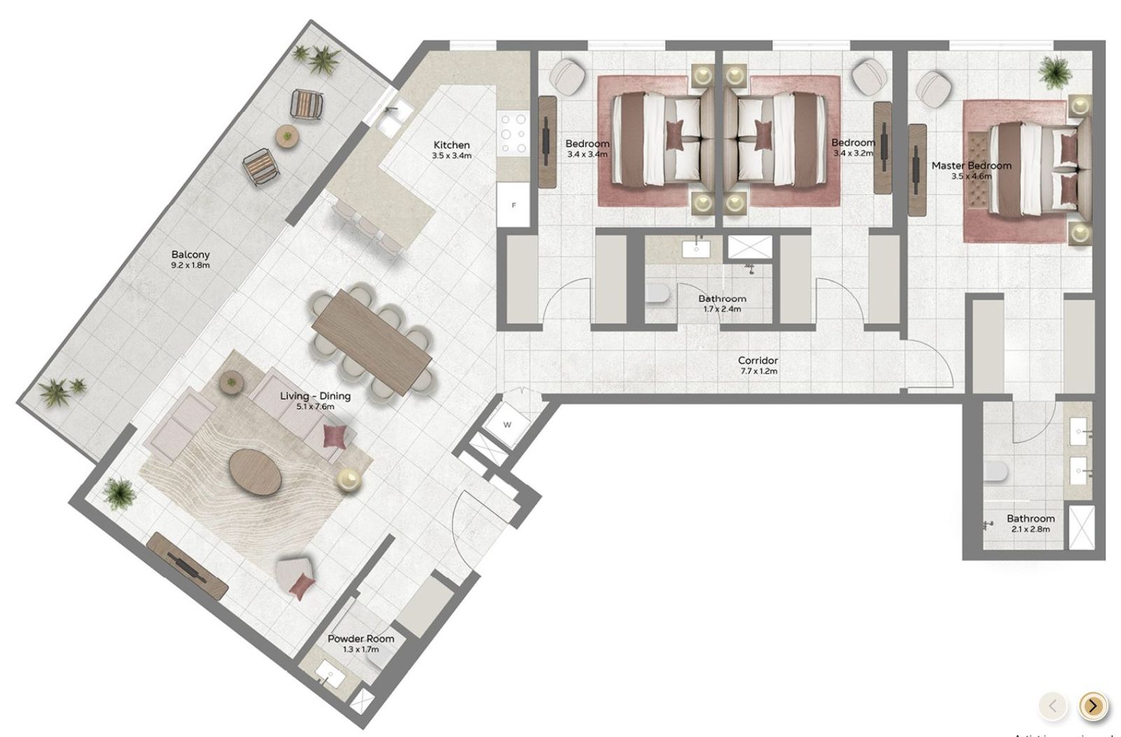 Freehold 3 Bedroom Apartment | Azura , Al Mouj floor plan 1
