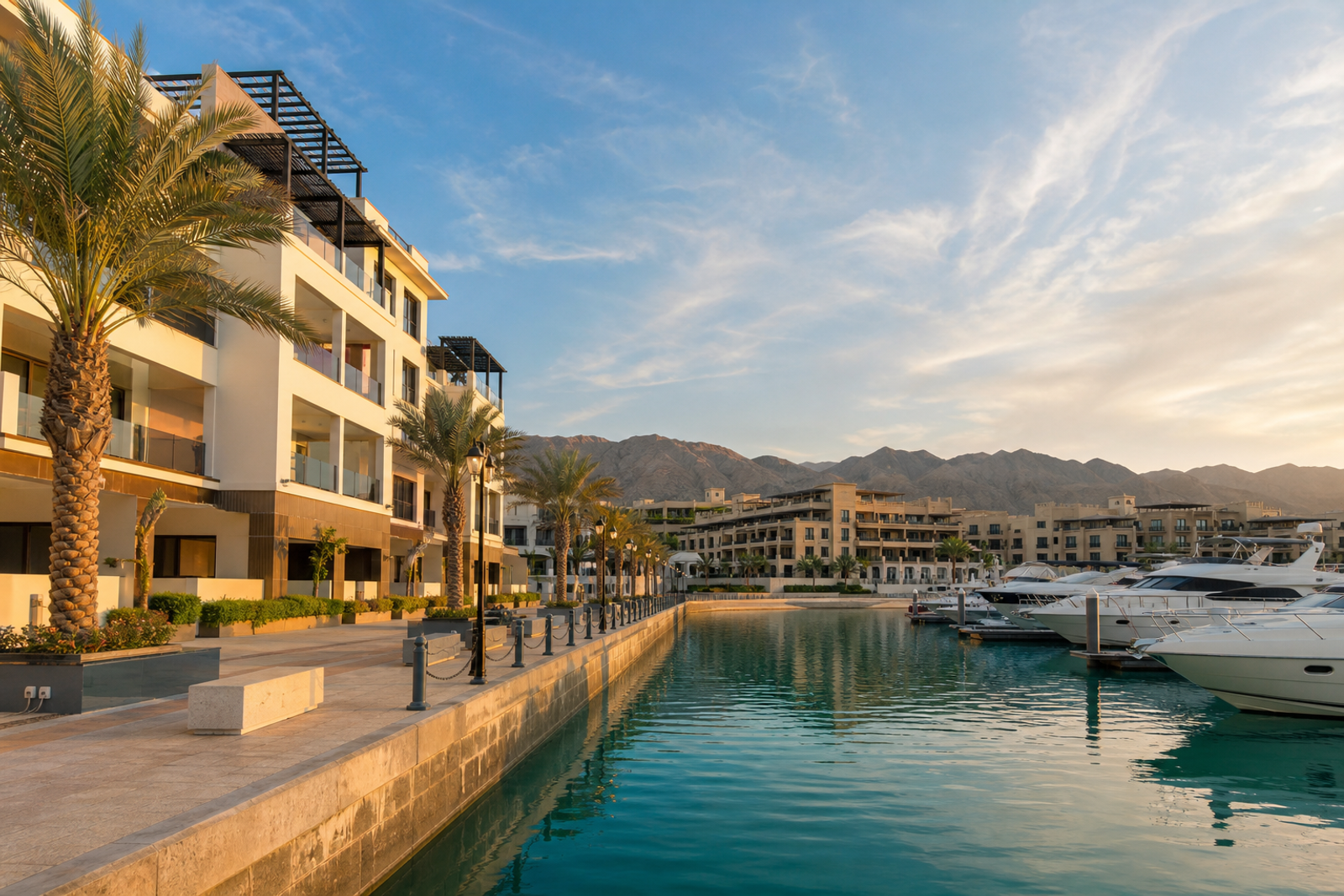 Al Mouj Marsa marina waterfront at golden hour in Muscat Oman