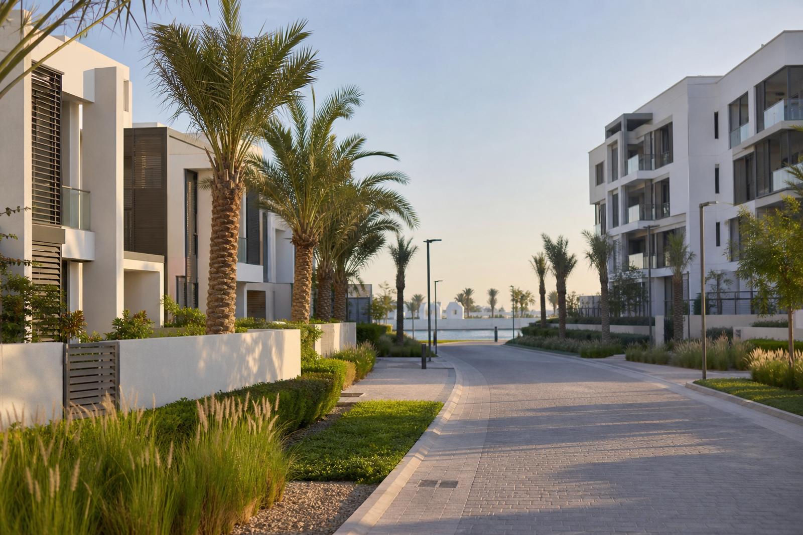Quiet landscaped residential street for renters in Al Mouj Muscat
