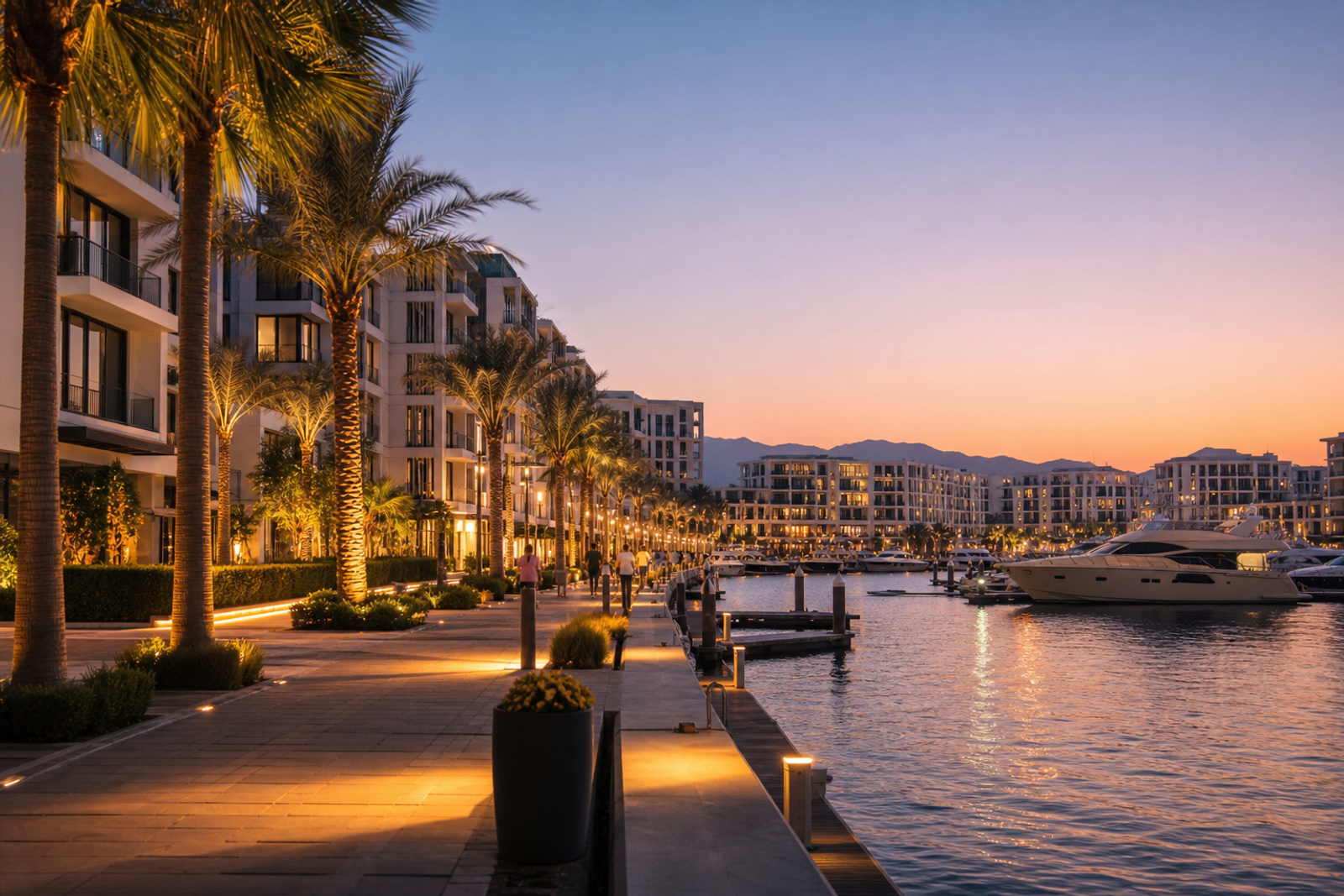 Evening marina promenade and residences in Al Mouj Muscat for international buyers