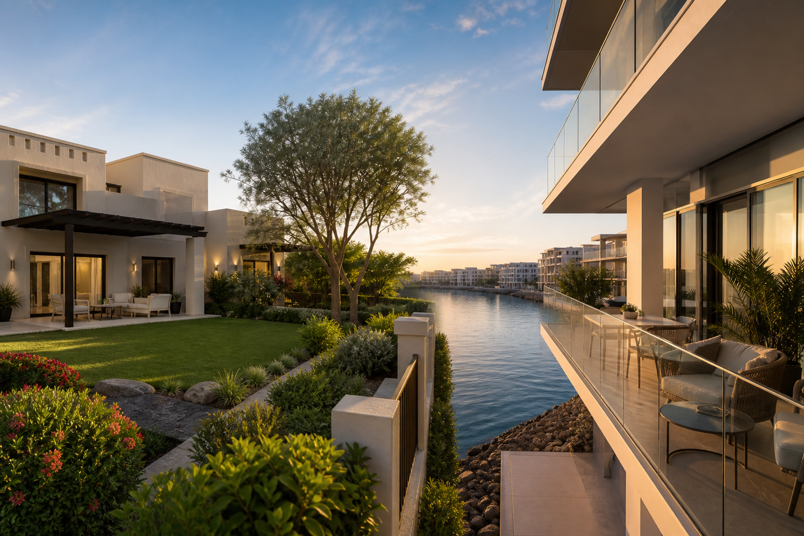 Villa garden living and waterfront apartment balcony in Al Mouj Muscat
