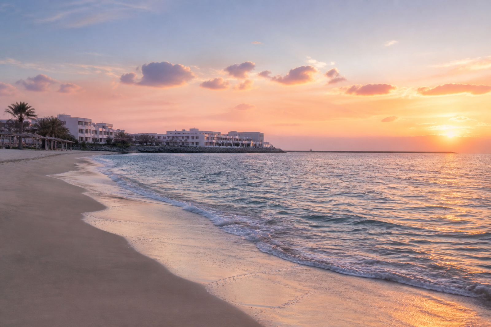 Sunrise over Al Mouj community beach in Muscat Oman