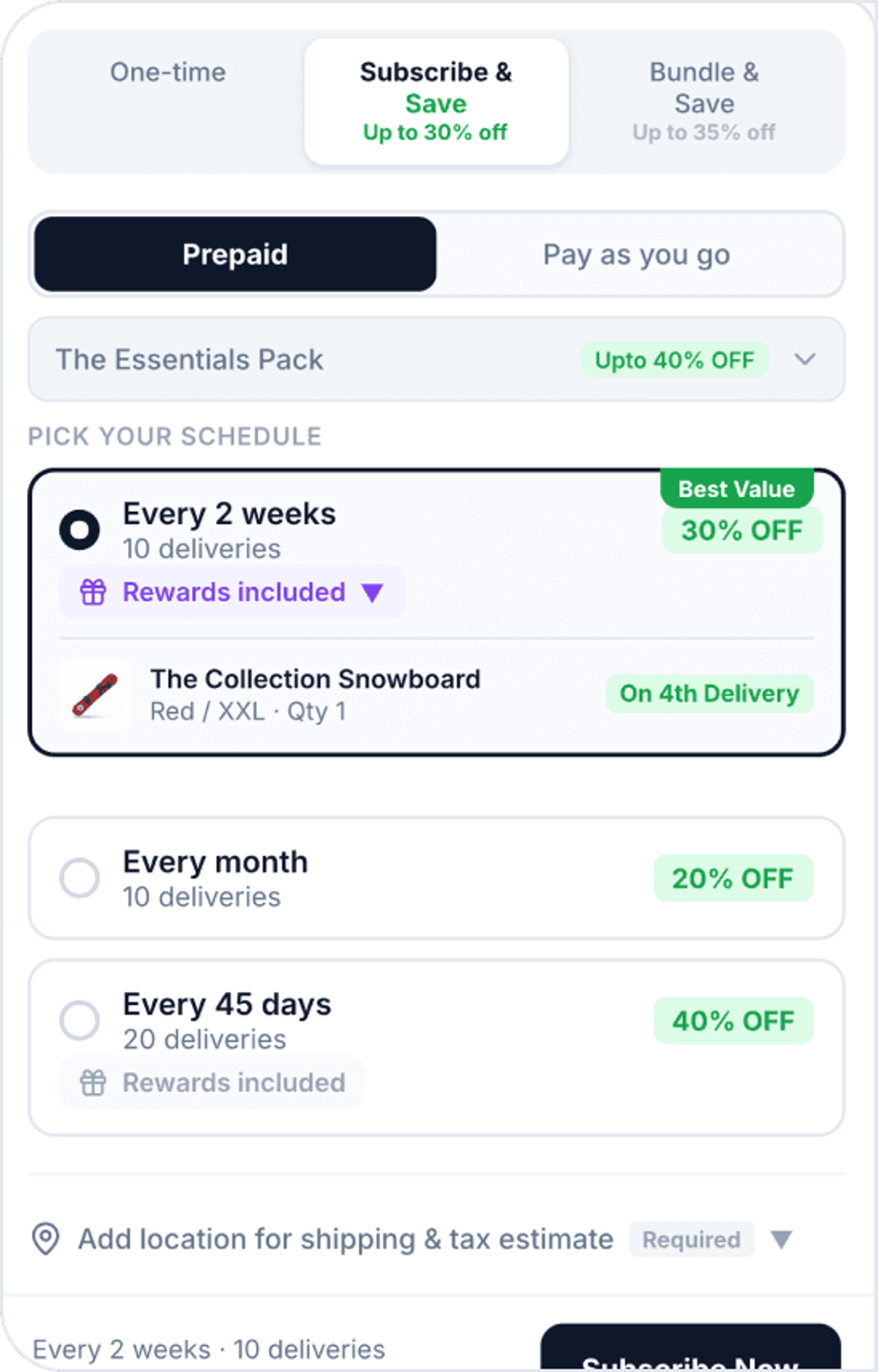 Subscription plan widget on a product page