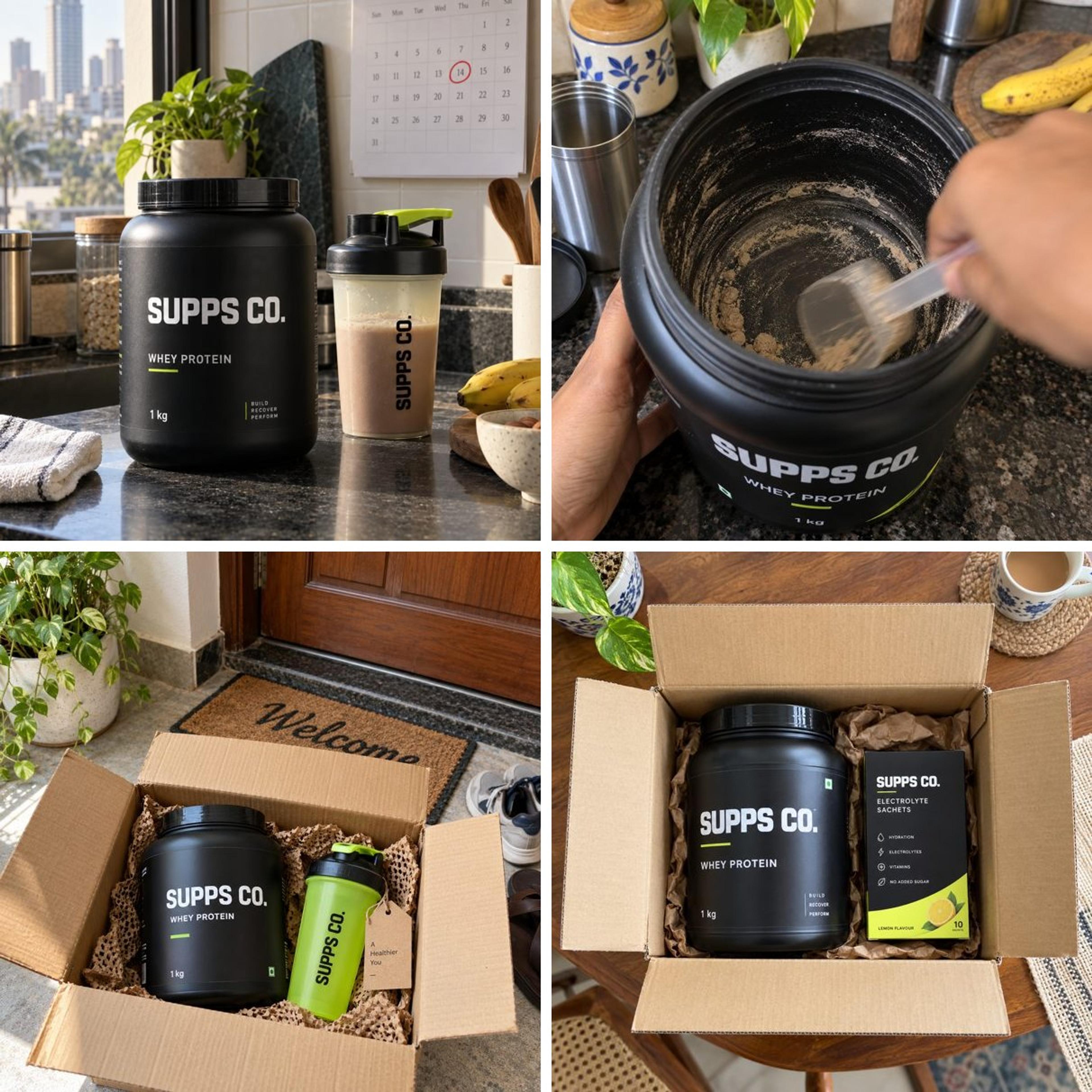 Four product-in-life photos of Supps Co. whey: on a kitchen counter, the last scoop from a nearly empty tub, a delivery box at the front door, and a box with whey and electrolyte sachets