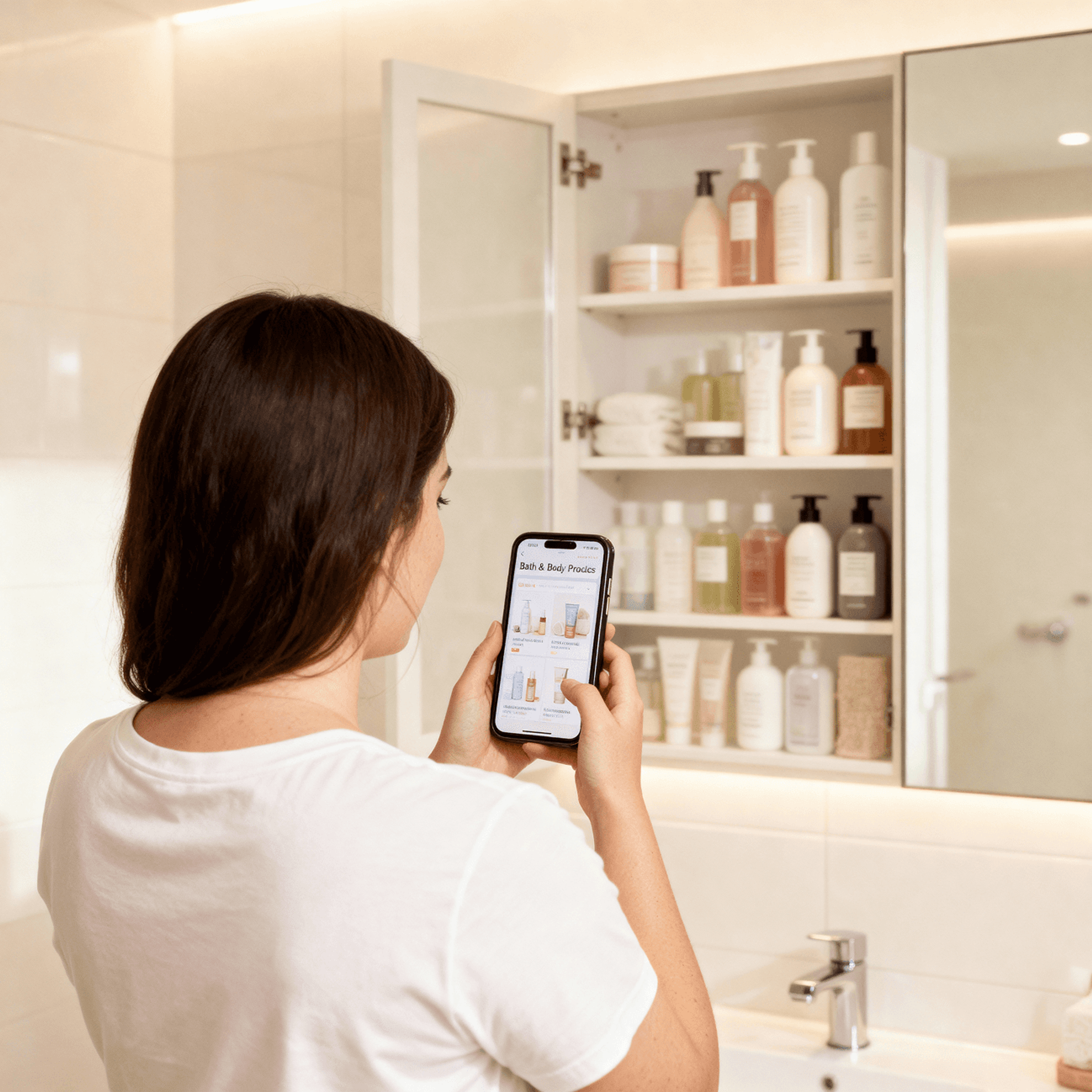 Shopper reordering bath & body on a phone