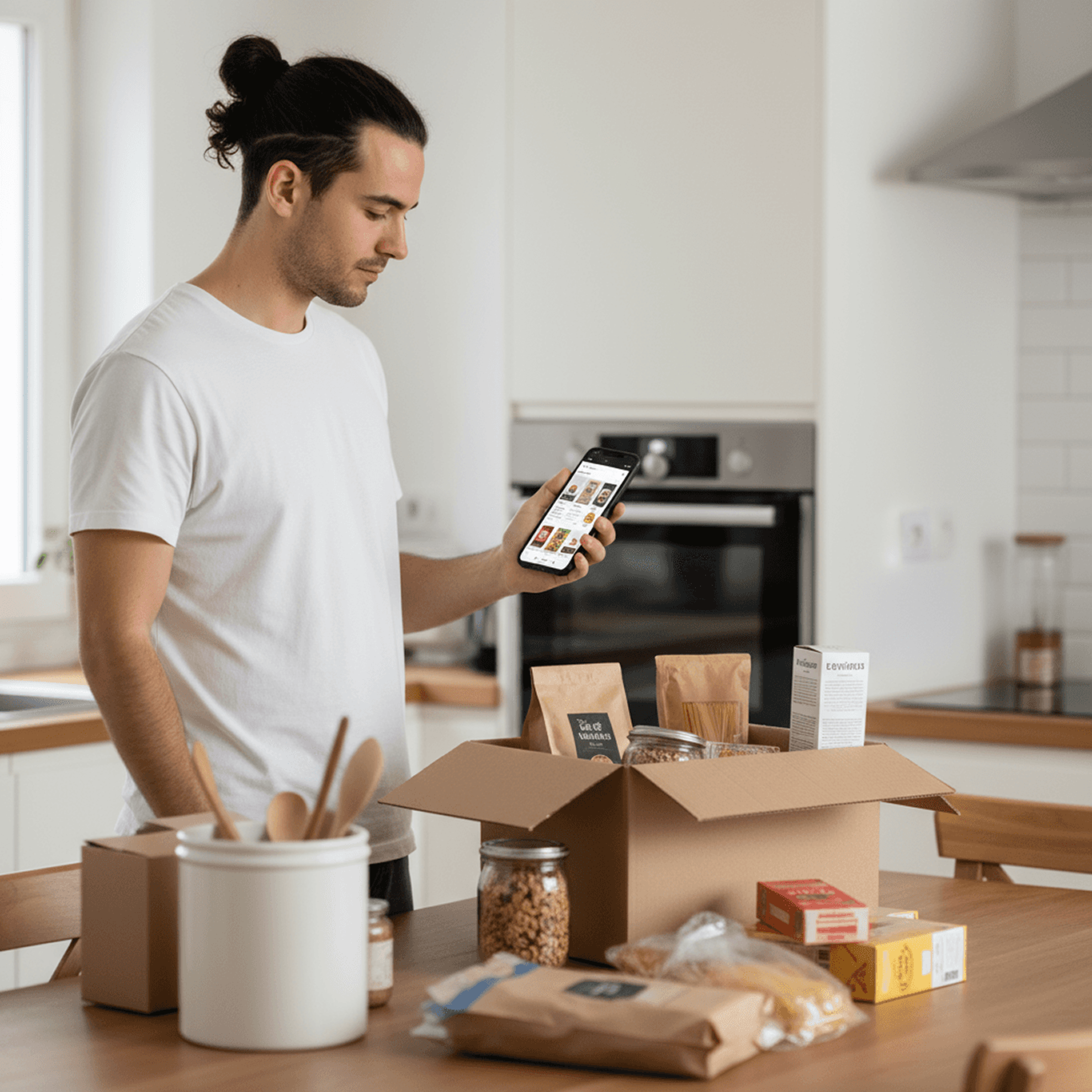 Shopper reordering groceries, pantry & fresh produce on a phone