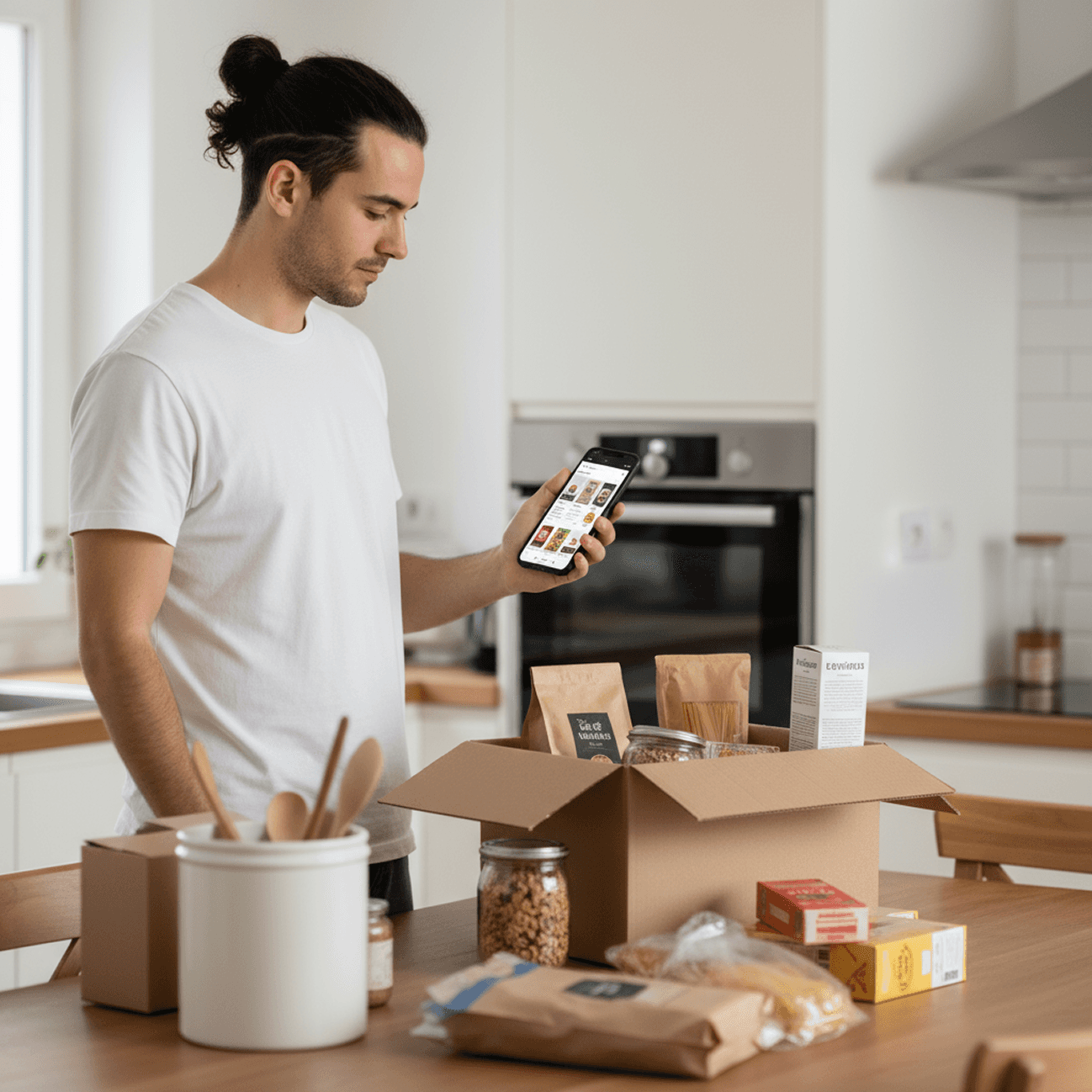 Shopper reordering groceries, pantry & fresh produce on a phone