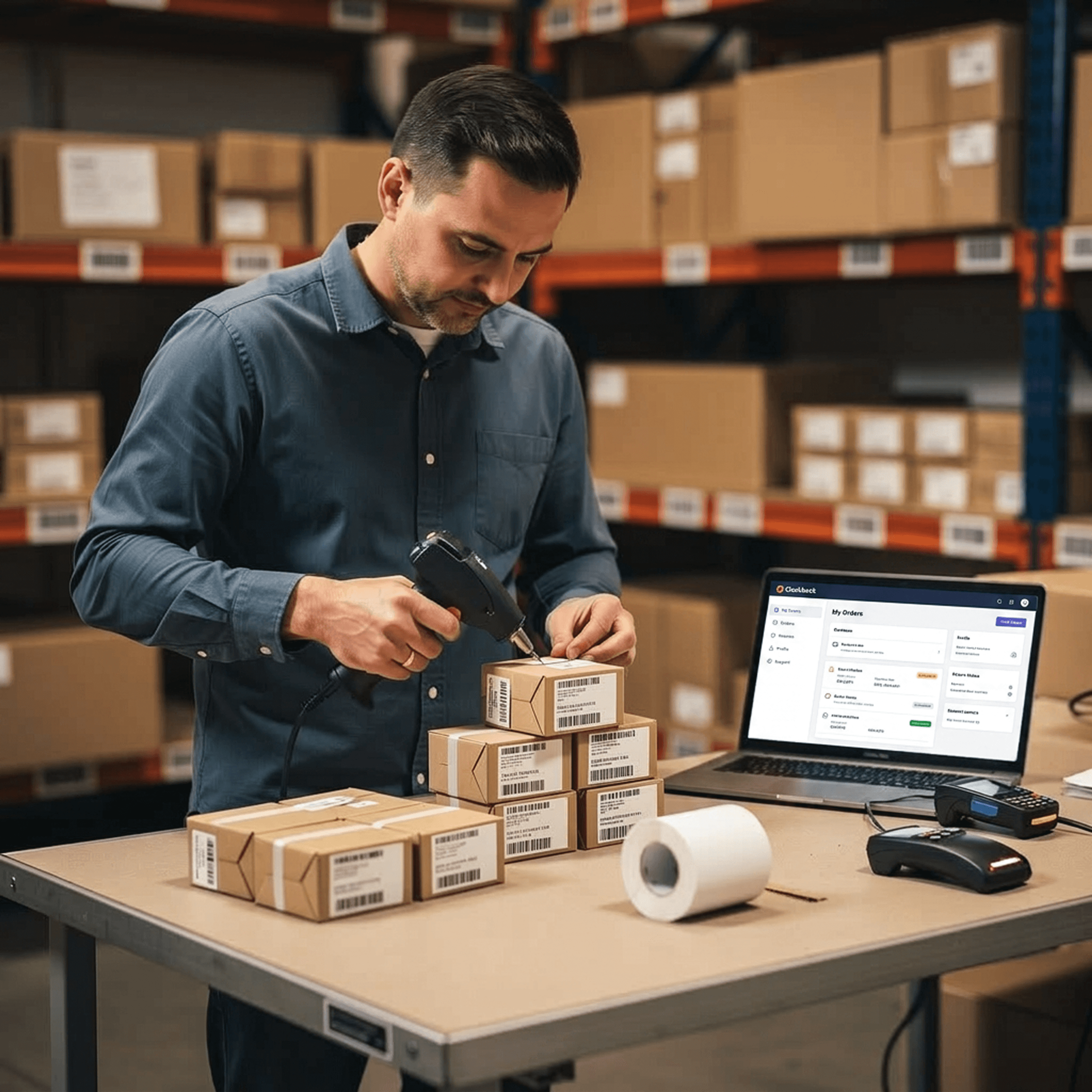Warehouse operator scanning subscription orders with StackBack open on a laptop