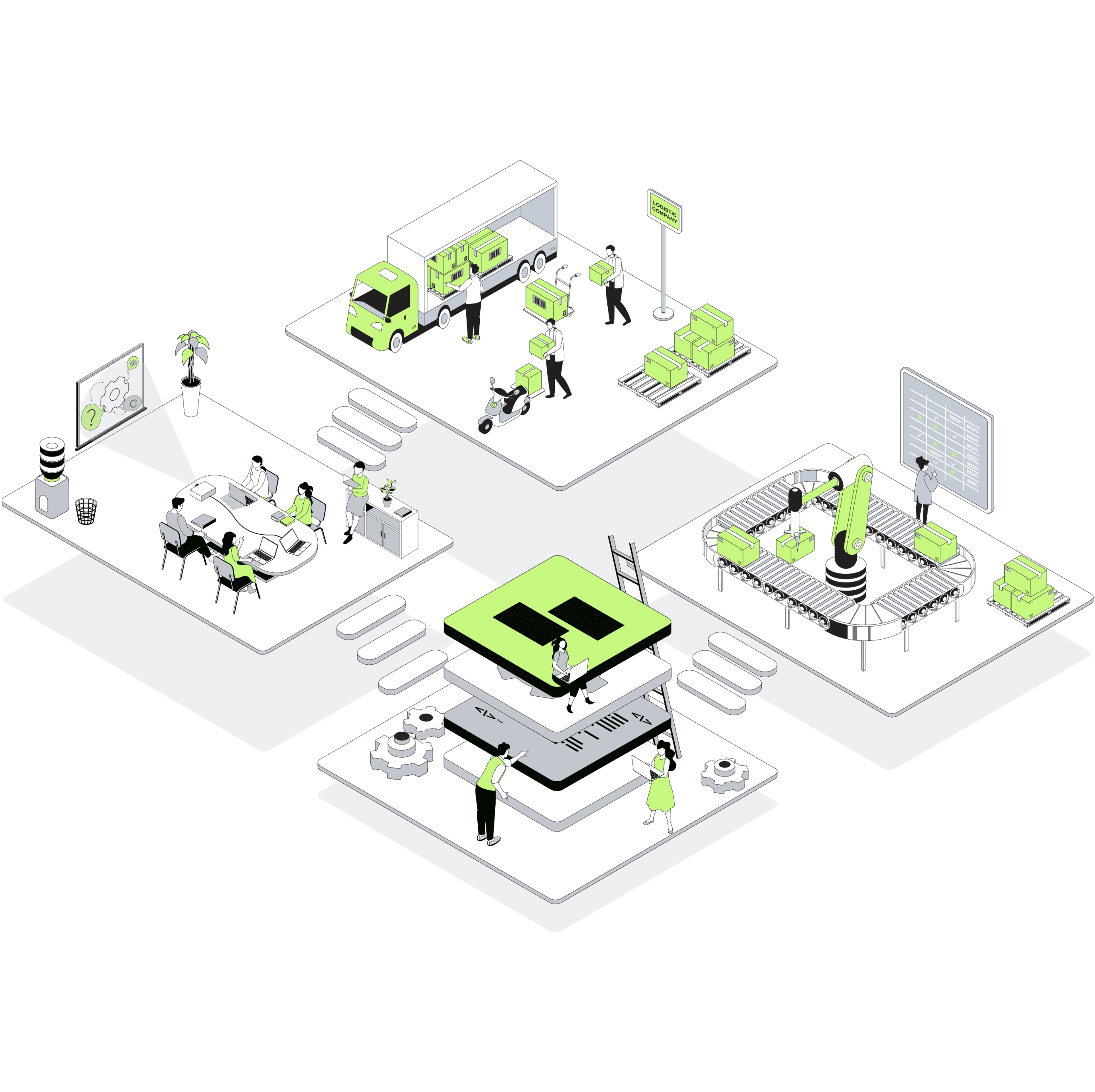 Isometric illustration of a Shopify brand's operations powered by StackBack