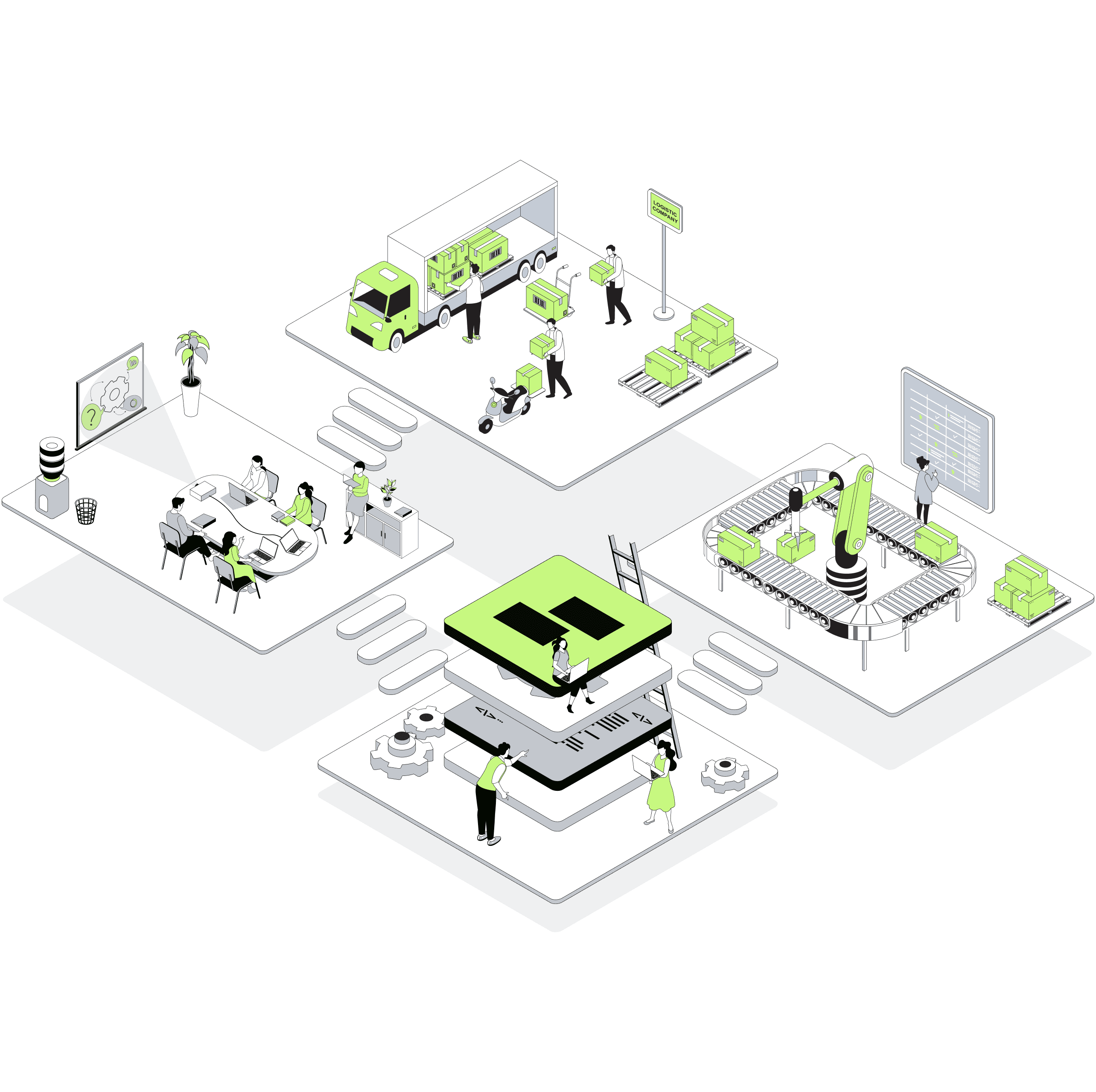 Isometric illustration of a Shopify brand's operations powered by StackBack