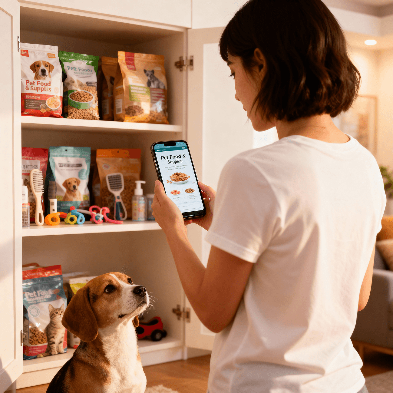 Shopper reordering pet food & supplies on a phone