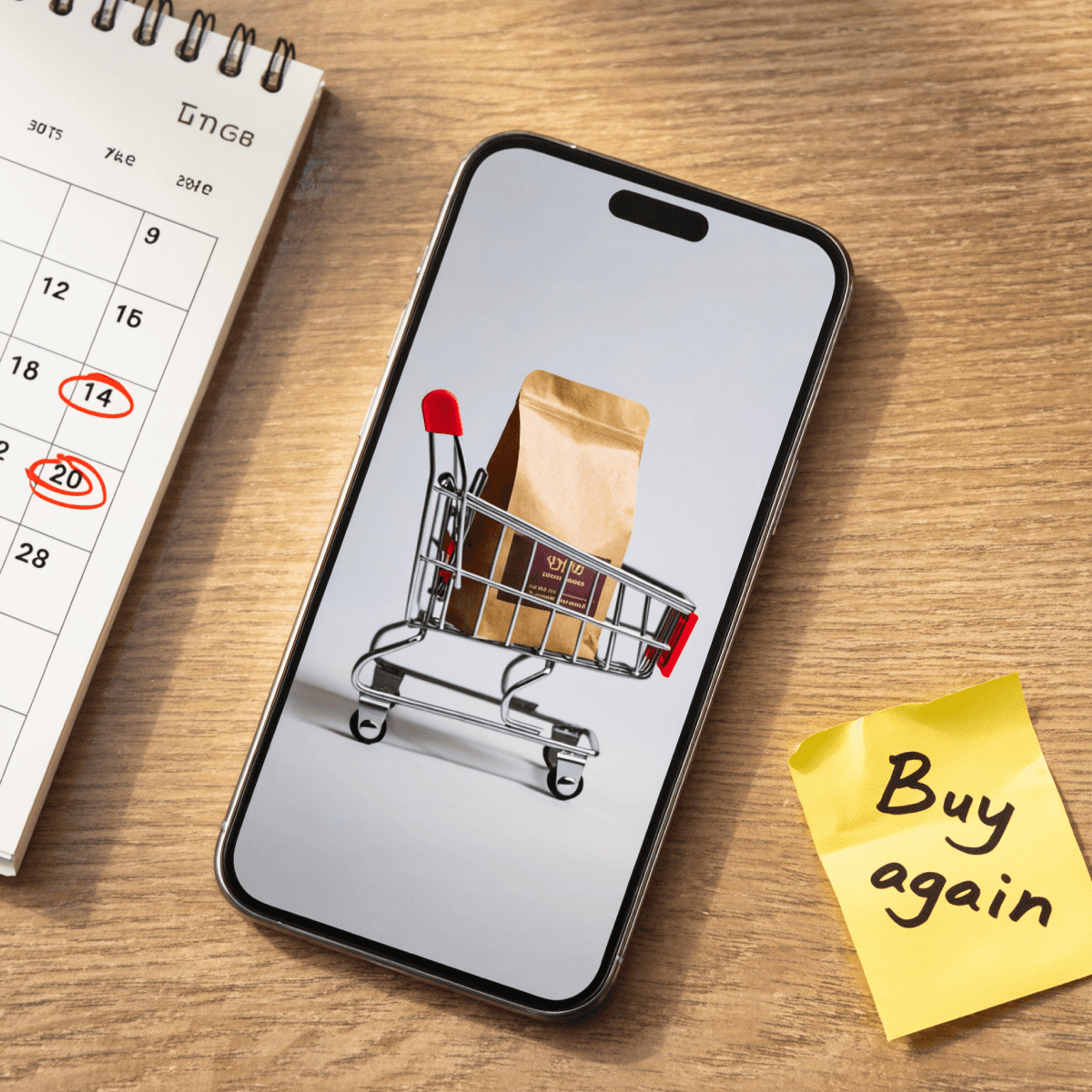 Phone showing a shopping cart with a coffee pack beside a calendar and a “Buy again” sticky note