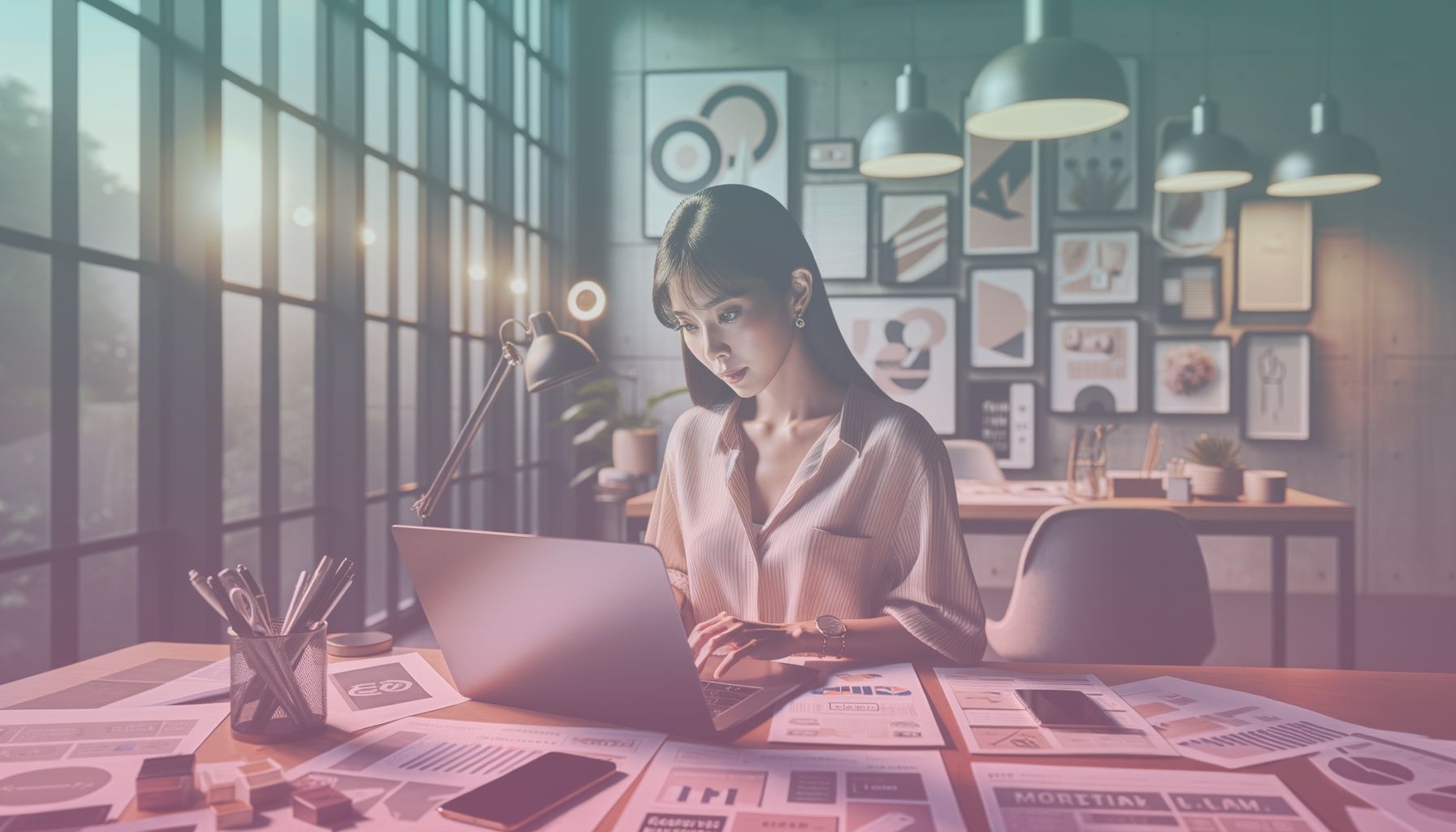 A marketing professional reviewing product launch strategies on a laptop, surrounded by documents and samples. working in a a modern office setting with a sleek desk, a large window allowing natural light, and stylish decor elements. the environment includes a laptop, smartphone, and promotional materials scattered on the desk, emphasizing a dynamic and professional ambiance.. Scene is lit with the lighting is bright and natural, casting soft shadows, creating an energetic yet serious atmosphere, aligning with the business context..