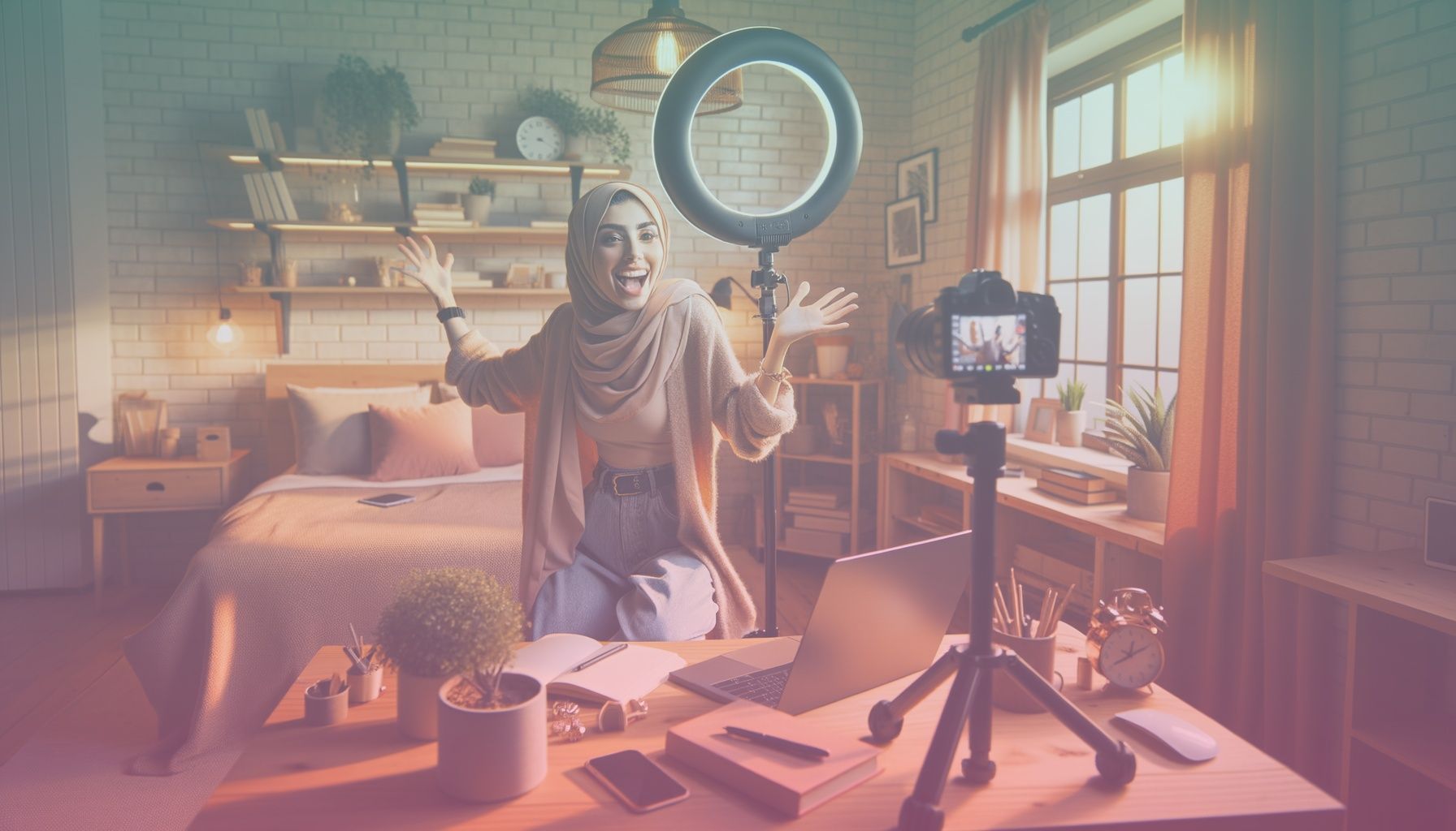 A content creator, appearing authentic and relatable, engaged in filming a TikTok video using a smartphone. working in a a cozy and modern bedroom setting with a ring light by the creator, a laptop on a desk, a shelf with books, and plants in the background. the space looks tidy and warmly lit, suggesting a welcoming atmosphere for creativity.. Scene is lit with warm and soft lighting fills the room, creating inviting shadows and highlights. the atmosphere conveys creativity and energy, aligning with the blog's encouraging take on tiktok success..