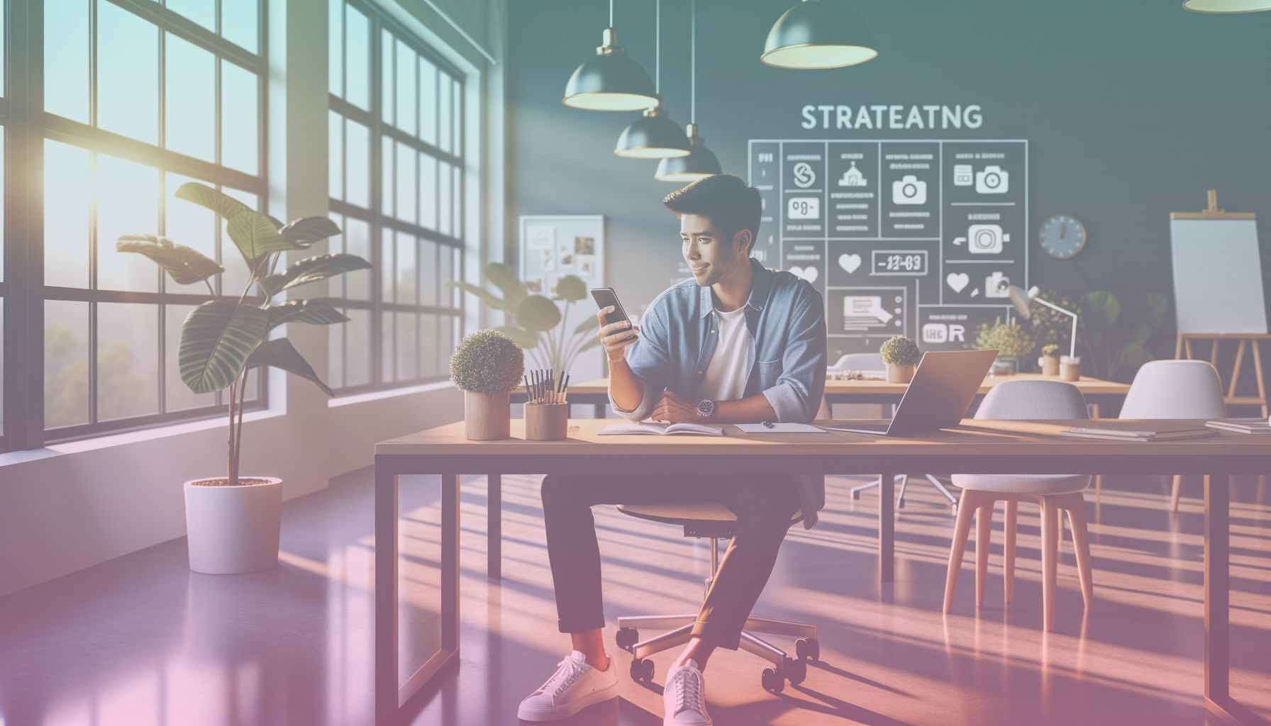 An influencer using their smartphone, showcasing a well-composed social media strategy presentation with Instagram interface elements on screen. working in a a modern, bright studio office with stylish decor elements like houseplants and sleek furniture, setting a professional yet relatable atmosphere. the influencer is seated at a minimalist desk, surrounded by motivational posters, a laptop, and an organized whiteboard in the background.. Scene is lit with natural daylight streaming through large windows, casting soft shadows and creating a warm, inviting ambience. the colorful reflections from the interface elements on the smartphone screen add a dynamic touch..