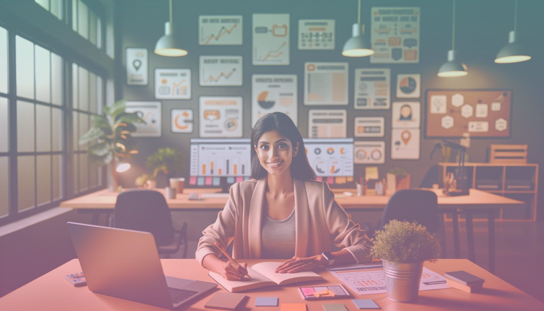 A social media manager at a desk with a laptop, analyzing Instagram analytics, and surrounded by related content strategy materials. working in a a modern, well-lit workspace sprawled with digital tools, infographics on walls, plants, and a comfortable layout that indicates a productive environment. visible screens with instagram 'insights' interface, sticky notes with key strategy points indicating an organized and dynamic workflow.. Scene is lit with bright, soft lighting illuminating the desk and screen, casting minimal shadows and creating a vibrant, optimistic mood that reflects proactive engagement..