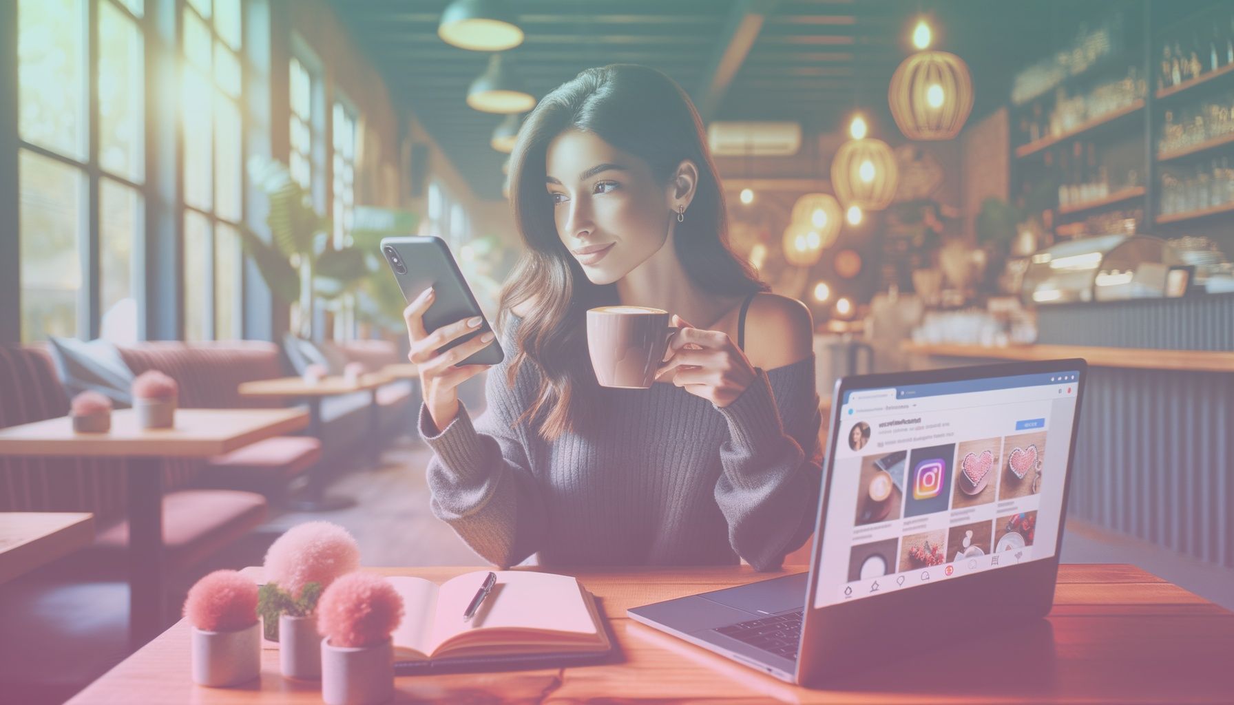 Telefonuna bakan ve göze çarpan bir profil sayfasına sahip bir genç kadın. working in a kafe ortamı, yaratıcı ve rahat bir atmosfer. masada laptop, kahve, not defteri. doğal ışıkla aydınlatılmış, sıcak tonlarda dekore edilmiş.. Scene is lit with yumuşak, doğal ışık kullanımı, samimi ve sıcak bir atmosfer. hafif gölgeler, yumuşak vurgular..