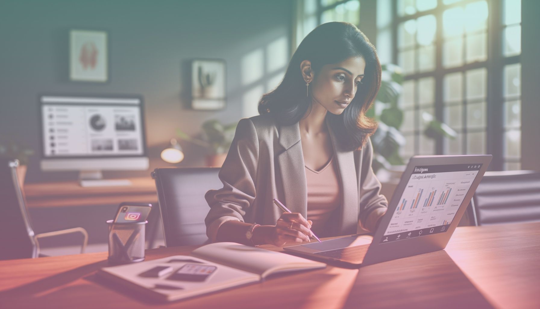 A social media manager at a desk, focused on a laptop, with Instagram analytics and content creation tools visible. working in a a modern office environment, with a sleek desk setup including a laptop showing social media analytics, a smartphone, and a notebook. the office has a plant in the background and a motivational poster on the wall, creating an inspiring atmosphere.. Scene is lit with the lighting is natural daylight streaming through a window, creating a warm and inspiring atmosphere. highlights are on the laptop screen and the subject's face, while the background features softer shadows..