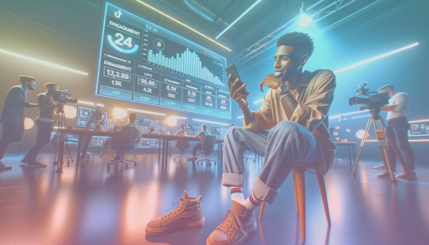 A young, trendy influencer with a smartphone, showcasing engagement metrics on TikTok. working in a a modern, creative studio filled with digital gadgets and a large screen displaying tiktok analytics, enhancing the professional vibe.. Scene is lit with bright, contemporary lighting reflecting a vibrant, energetic atmosphere with subtle shadows for depth and focus..