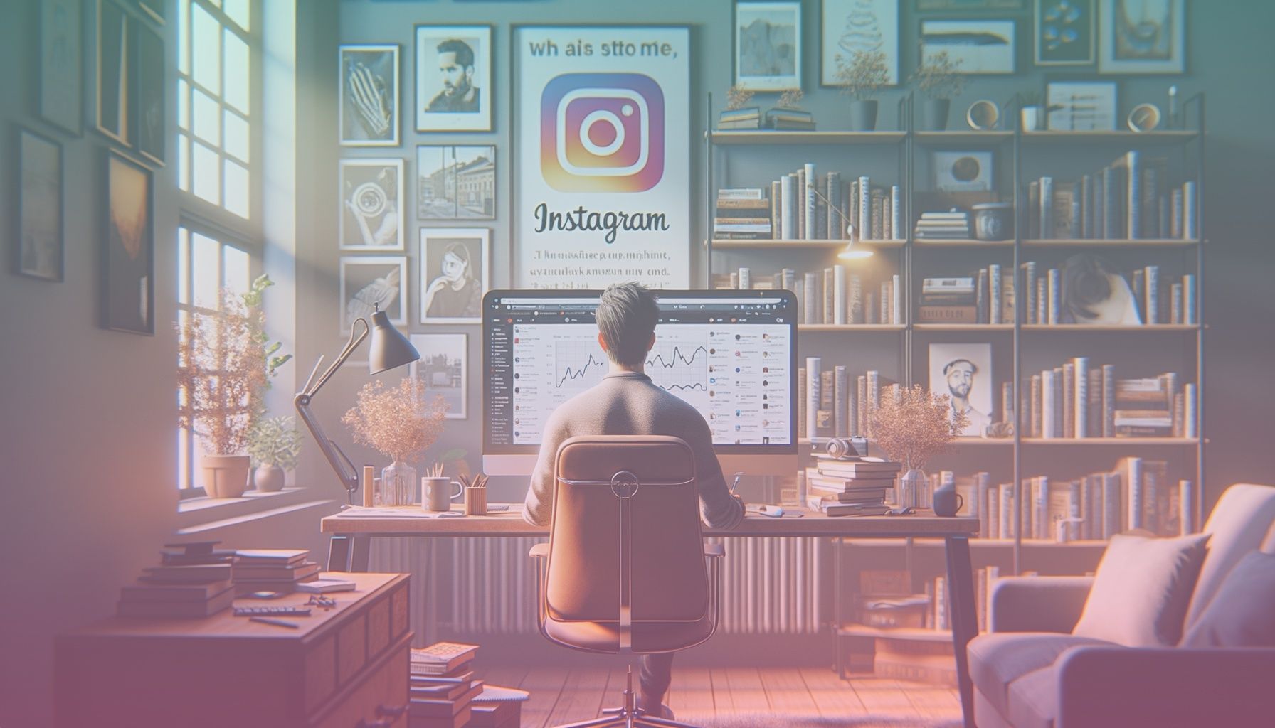 Bir sosyal medya uzmanı, bir bilgisayarın önünde Instagram analizlerini değerlendirirken, düşündürücü bir ifade ile. working in a modern bir ofis içi, raflarda kitaplar ve duvarlarda estetik posterler ile zenginleştirilmiş. ayrıca, masada kahve fincanı ve defter gibi küçük detaylar bulunmalı.. Scene is lit with gün ışığının dolaylı olarak aydınlattığı, rahatlatıcı bir atmosfer sunan doğal bir aydınlatma. ortamda yumuşak gölgeler ve vurgular mevcut..