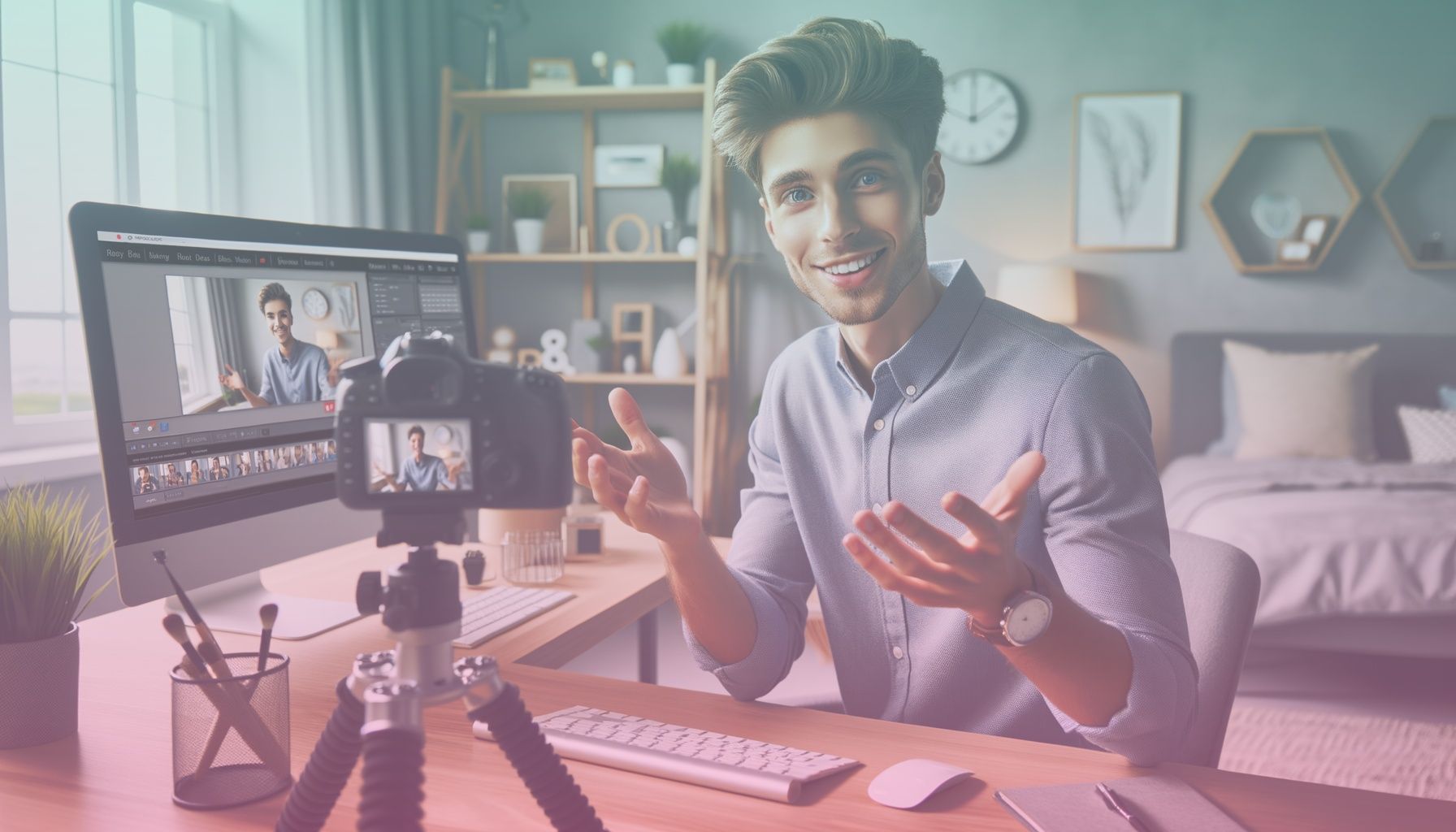 A young, engaging social media influencer with charisma, depicting authenticity and relatability. working in a a modern home office setting with elements of creativity and professionalism. features include a sleek desk, computer, camera equipment, and subtle decorations like indoor plants.. Scene is lit with soft, natural lighting that enhances the influencer and the room, with gentle shadows to add depth. the atmosphere is vibrant yet relaxed, reflecting the energetic yet approachable nature of influencers..