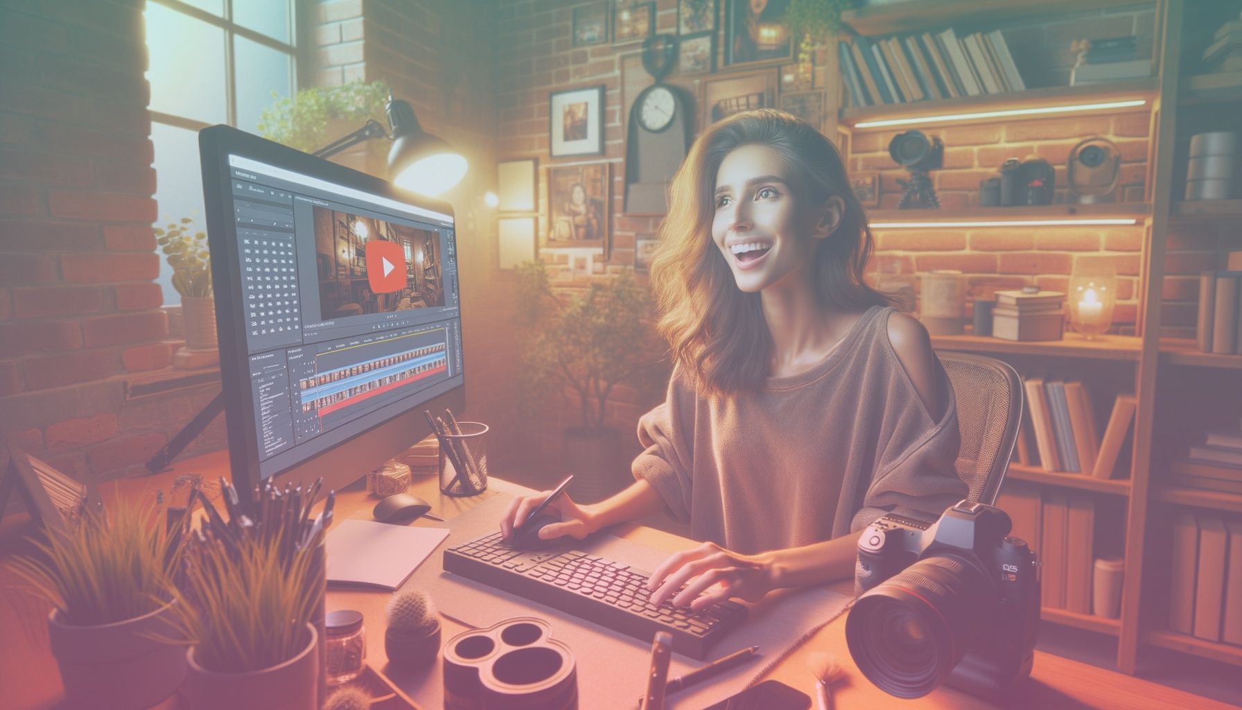 A young, enthusiastic content creator at a computer desk. working in a a modern, well-lit creative studio with camera equipment, a desktop computer displaying the youtube dashboard. shelves with books and decorative plants add warmth.. Scene is lit with bright, natural lighting highlighting the subject, creating a vibrant and focused atmosphere. soft shadows add depth..