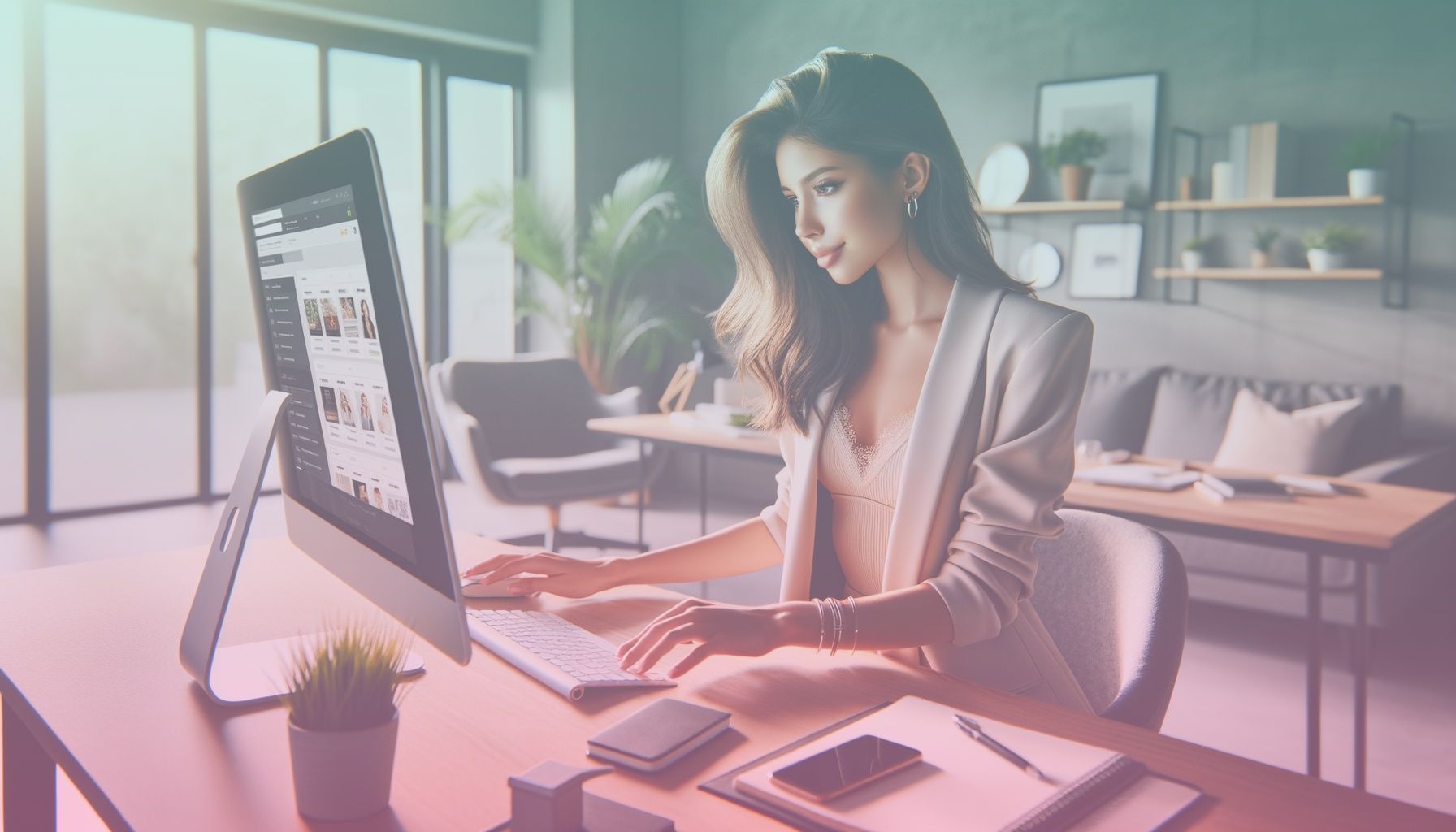 A confident young influencer engaging with a vibrant online marketplace platform on a desktop computer. working in a a modern, stylish home office setting featuring sleek furniture, a large monitor displaying trendyol's website, and ambient plants for a fresh look. the subject sits comfortably, embodying professionalism and creativity.. Scene is lit with soft, natural lighting highlights the subject and workspace, creating a balanced, inviting atmosphere. the lighting casts gentle shadows for a comforting yet focused environment, aligning with an innovative theme..