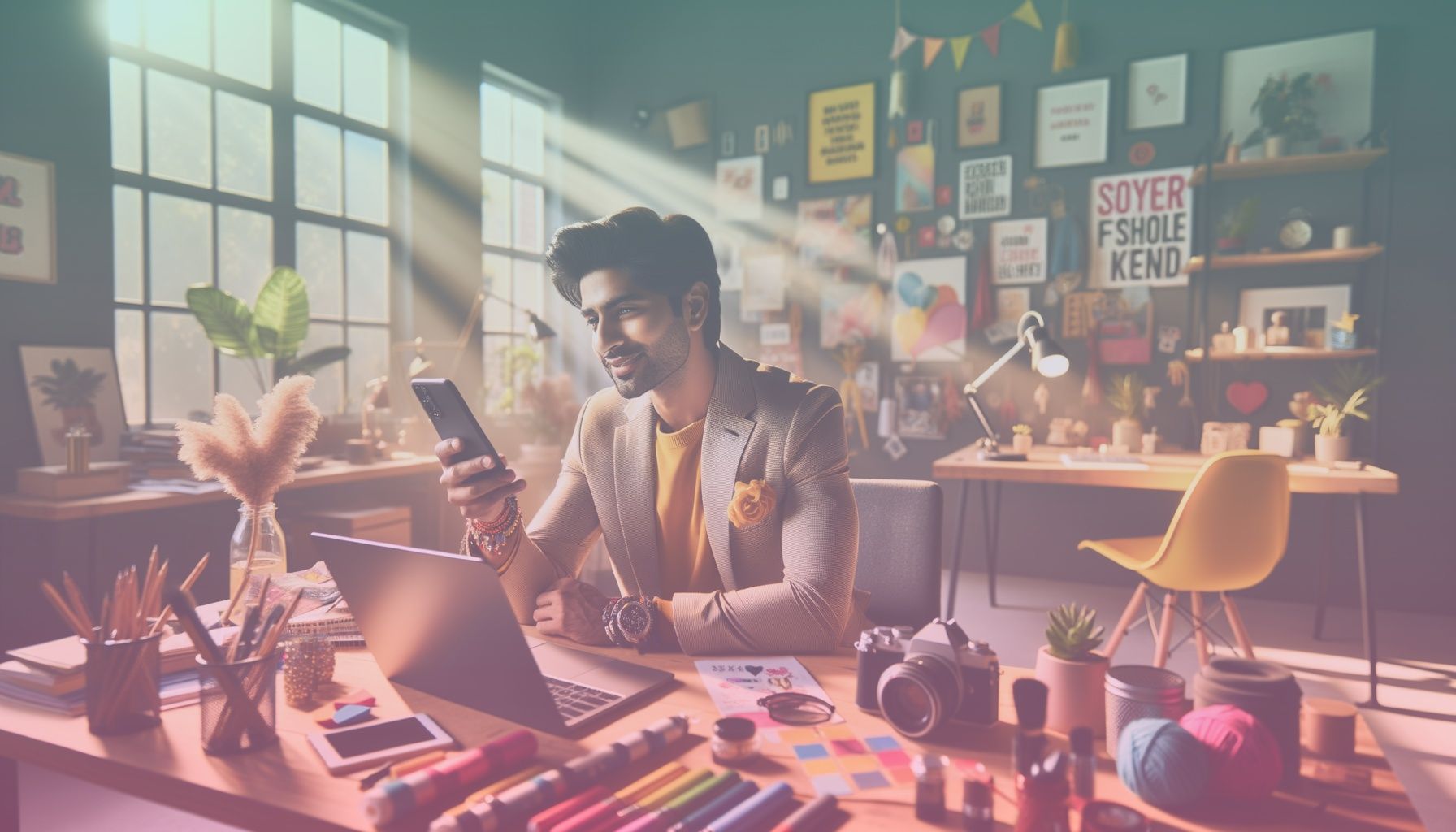 A young, aspiring influencer engaging with their audience via a smartphone, showcasing vibrant style and charm. working in a a modern workspace filled with bright colors, motivational quotes, and personal branding items, emphasizing creativity and dedication. the room is lively with a desk and a window showing natural light streaming in, adding warmth and vitality.. Scene is lit with daylight fills the room, casting soft shadows and creating a warm, inspirational atmosphere. the focus on the influencer is enhanced by natural highlights, aligning with the blog’s motivating tone..