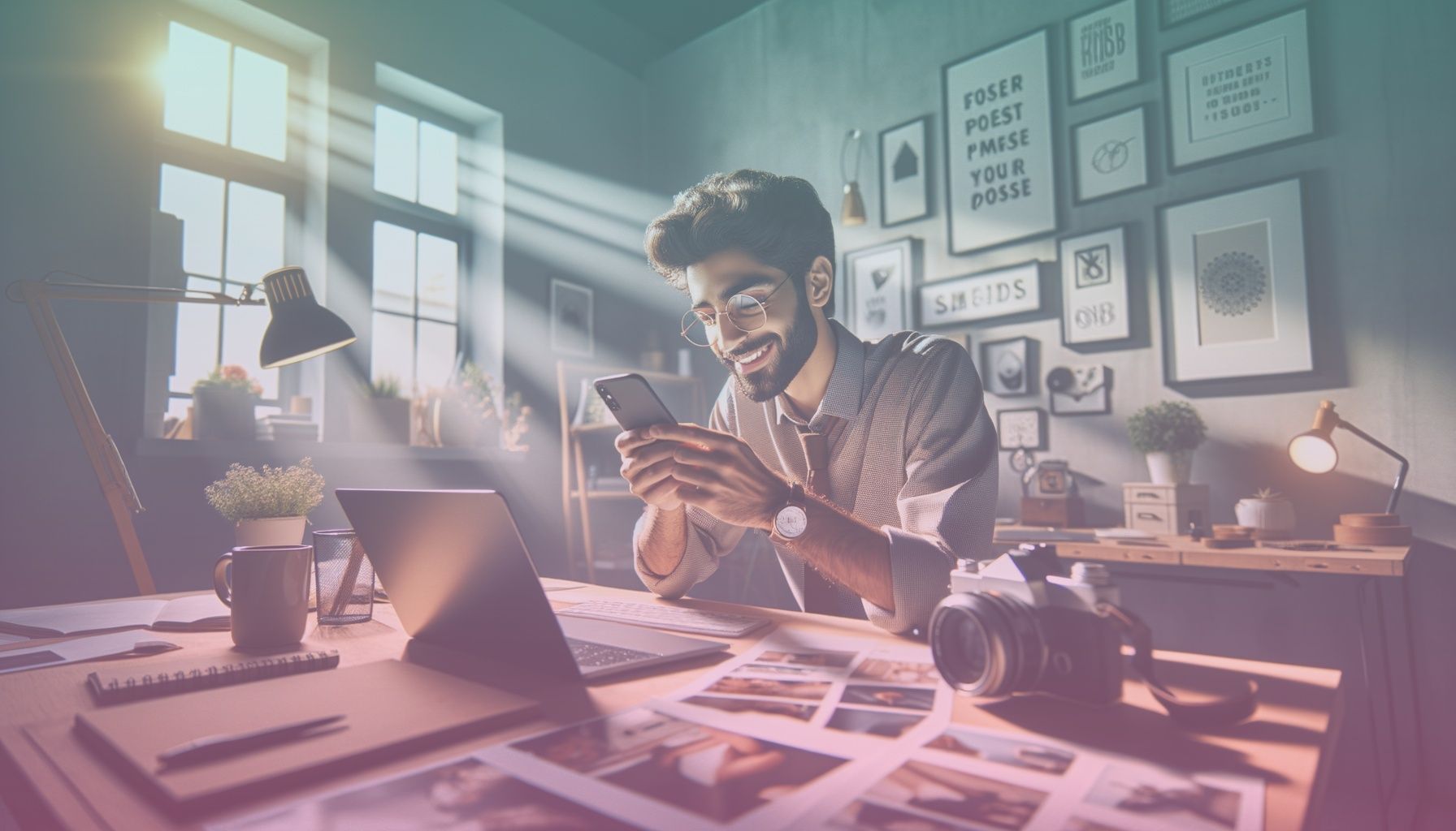 A young, diverse influencer enthusiastically engaging with their phone, crafting the perfect Instagram post. working in a a modern, minimalist home office with a laptop, coffee mug, and inspirational quote on the wall. the room is bright, inviting creativity with natural light streaming through a window highlighting the influencer's focus on their phone.. Scene is lit with warm and natural lighting enhances a vibrant, upbeat atmosphere, with gentle shadows accentuating the subject’s concentration..