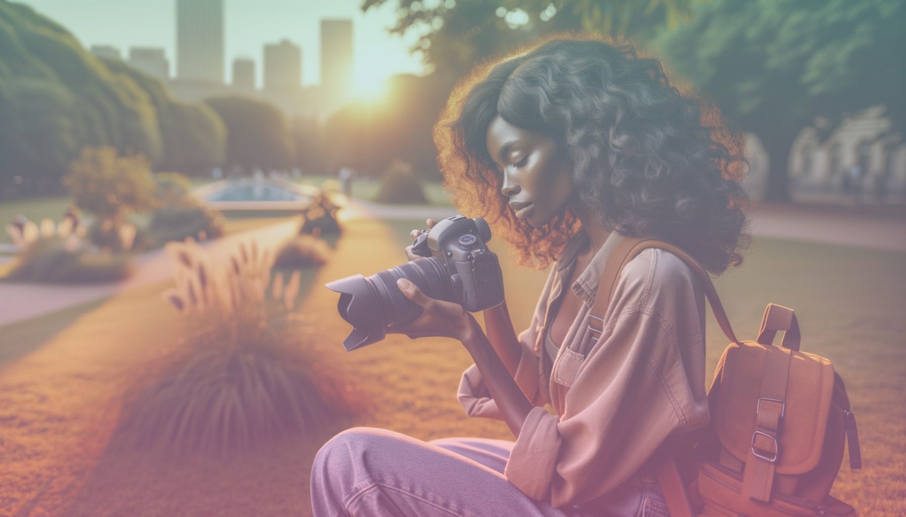 A professional photographer with a DSLR camera engaged in an outdoor photoshoot. working in a a serene outdoor park setting during the golden hour, with ambient natural light, trees, and open sky providing a peaceful backdrop. the photographer is surrounded by lush greenery and clear sky, emphasizing a tranquil environment perfect for photography.. Scene is lit with soft, warm golden hour lighting that adds warmth to the scene, emphasizing natural shadows and highlights on the subject and surroundings. the atmosphere is calm yet purposeful, bringing a sense of focus and anticipation to the shoot..