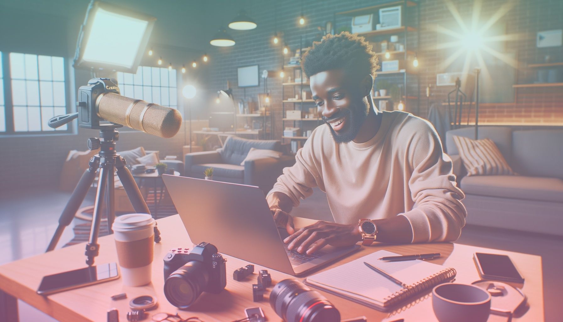 A content creator setting up their YouTube channel surrounded by tech gadgets, with a focused expression and creative setup. working in a a modern, vibrant home office space filled with cutting-edge technology like a laptop, microphone, and camera, conveying a creative and professional ambiance. various objects like a cup of coffee and a notebook add realism.. Scene is lit with bright and motivating lighting, highlighting the subject and work environment. a warm and energetic atmosphere aligns with a dynamic content creation process..