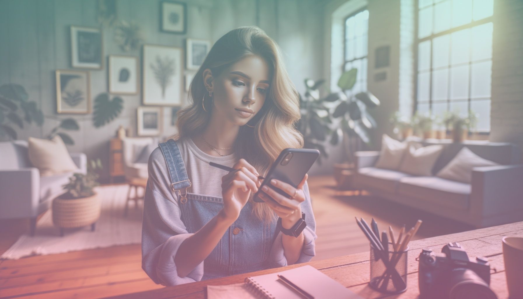 A young influencer comfortably engaging with a smartphone showing Instagram interface. working in a in a modern, well-lit room with stylish decor, elements like plants, and art pieces suggesting a creative workspace.. Scene is lit with soft, natural lighting enhances features and ambiance with gentle shadows, setting a balance between focus and relaxation..