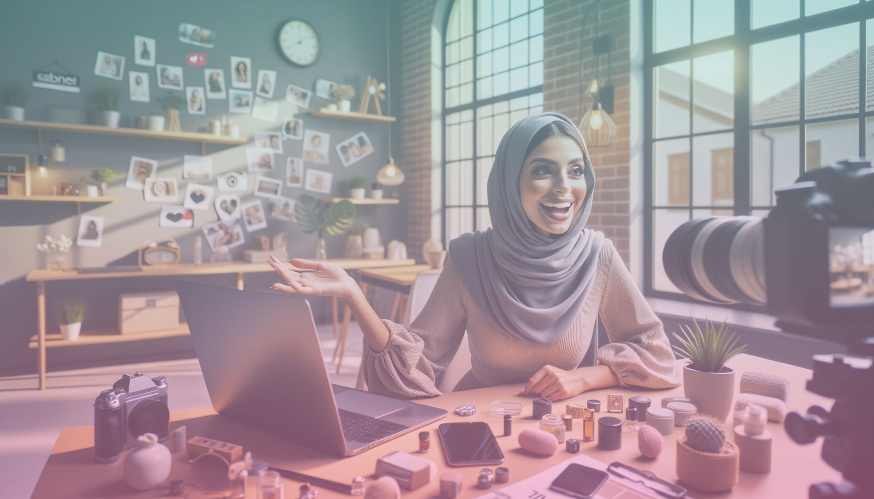 A dynamic influencer engaging with her audience on Instagram, with a focus on her authentic interaction and social media presence. working in a a modern, vibrant office set-up with a laptop, smartphone, and creative props that highlight a professional yet approachable atmosphere. a backdrop with subtle brand logos and cozy decor enhances realism.. Scene is lit with natural daylight streaming through large windows creates a bright and inviting vibe, highlighting the influencer's expressions. a few shadows add depth and realism to the scene..