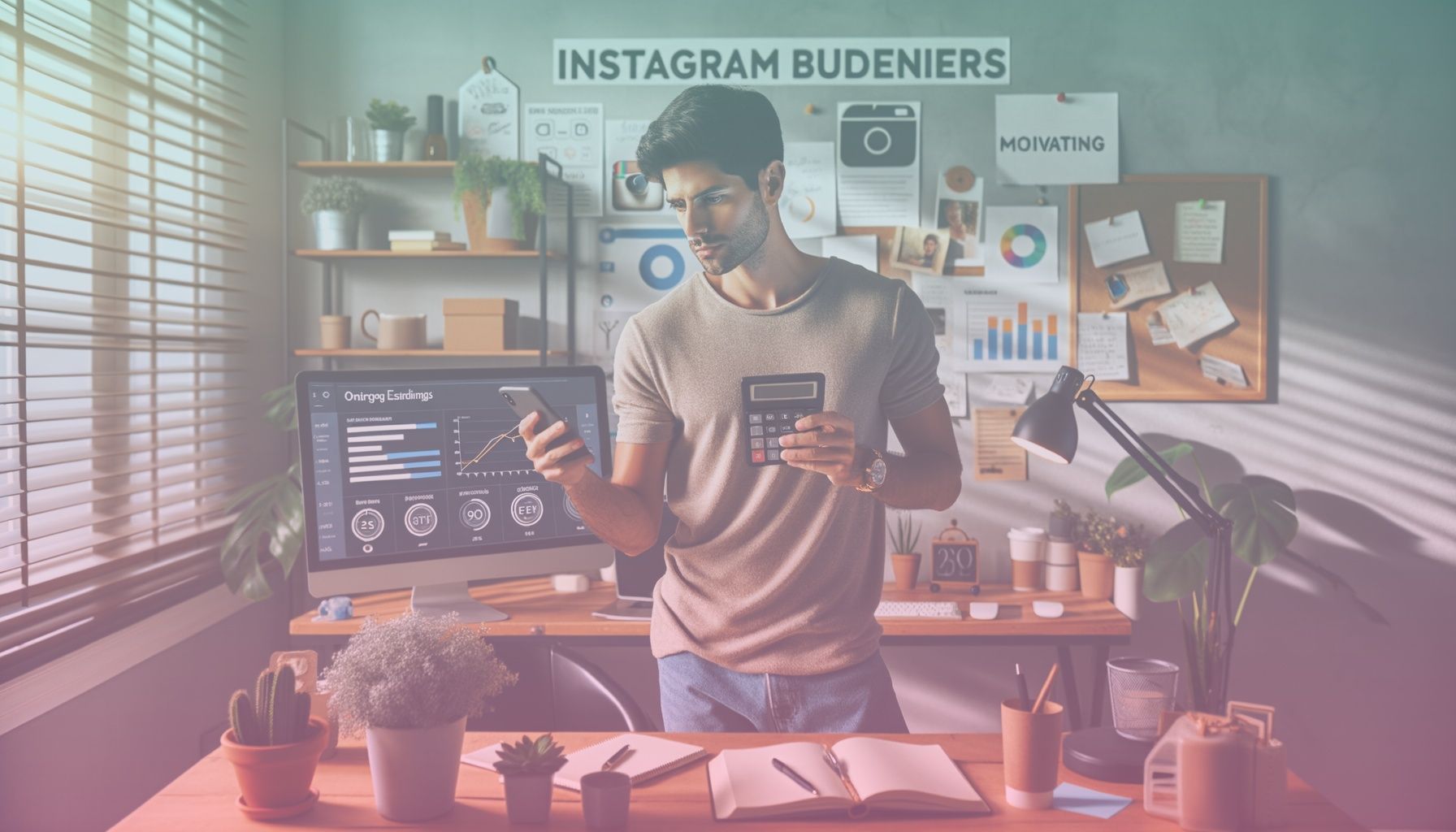 A young, diverse influencer juggling a smartphone and calculator, symbolizing Instagram earnings and ad budgeting. working in a modern home office with stylish decor, potted plants, and tech gadgets, creating a productive and inspiring workspace. the desk is cluttered with notebooks and coffee mugs, adding realism and context.. Scene is lit with bright, natural lighting accentuates the influencer's focus and the vibrant workspace. the mood is energetic yet professional, with subtle shadows adding depth..