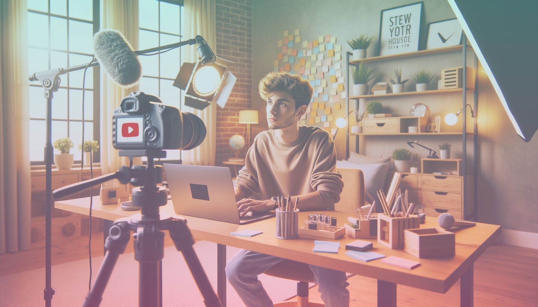 A young, aspiring YouTuber setting up a video camera, surrounded by creative idea notes and a laptop displaying YouTube analytics. working in a in a contemporary home studio with bright, welcoming decor. the environment includes a desk with sticky notes, a microphone, lighting equipment, and a comfortable chair, enhancing the creative atmosphere.. Scene is lit with bright, natural lighting with soft shadows to create an inspiring, energetic vibe that complements the idea of creative and professional growth..