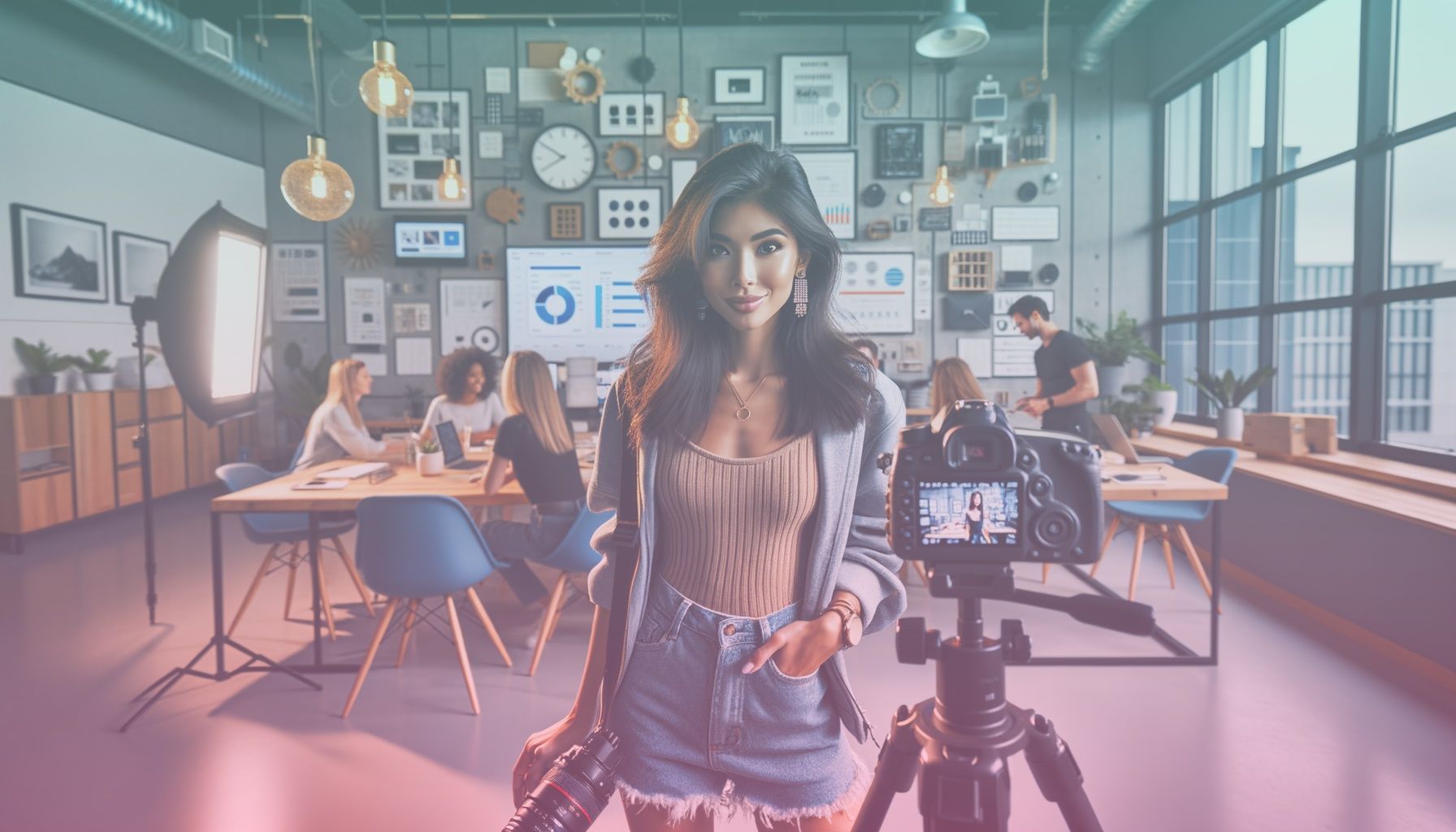 A dynamic young influencer standing confidently in front of a camera setup with lighting and a computer displaying analytics on social media impact. working in a a modern, creative office space filled with digital gadgets, art on the walls, and a big window letting in natural light, showcasing teamwork and creative brainstorming. the environment should emphasize innovation and collaboration.. Scene is lit with bright natural lighting with some soft studio lights enhances the open and creative atmosphere, highlighting the influencer's energetic participation and thoughtful discussion..