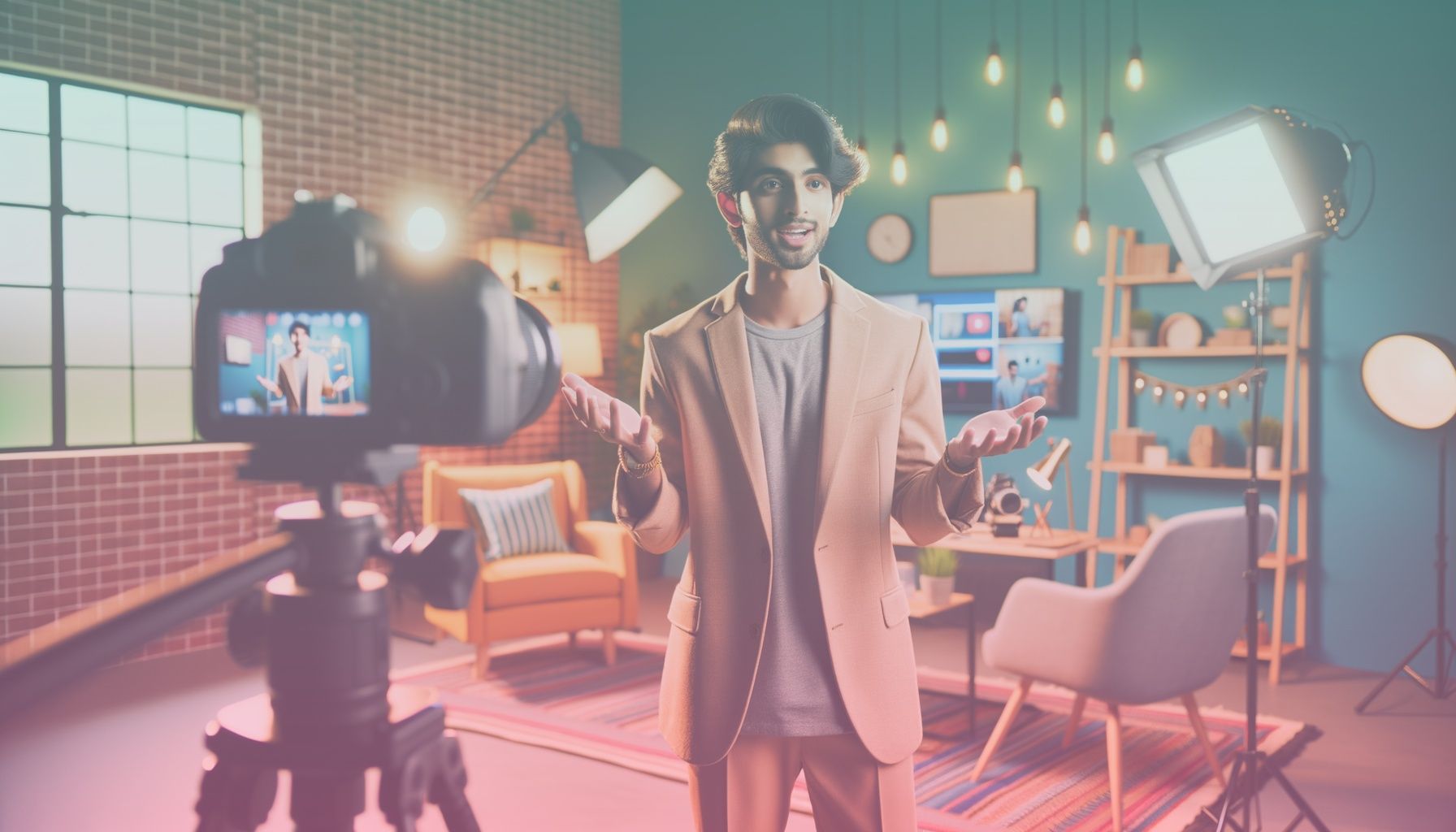 A professional influencer busy filming engaging content using high-quality equipment, conveying creativity and influence. The subject is fashionably dressed, suggesting modernity and relevance. working in a set in a well-lit studio environment that projects professionalism with decor that reflects the digital age, such as modern furniture, digital screens, and branded elements subtly incorporated. there’s a visible setup of camera and lighting equipment, adding context.. Scene is lit with bright, soft lighting to create an inviting atmosphere, with highlights on the influencer’s face and subtle shadows for depth. the lighting adds a vibrant and motivating tone, resonating with the dynamics of social media interaction..